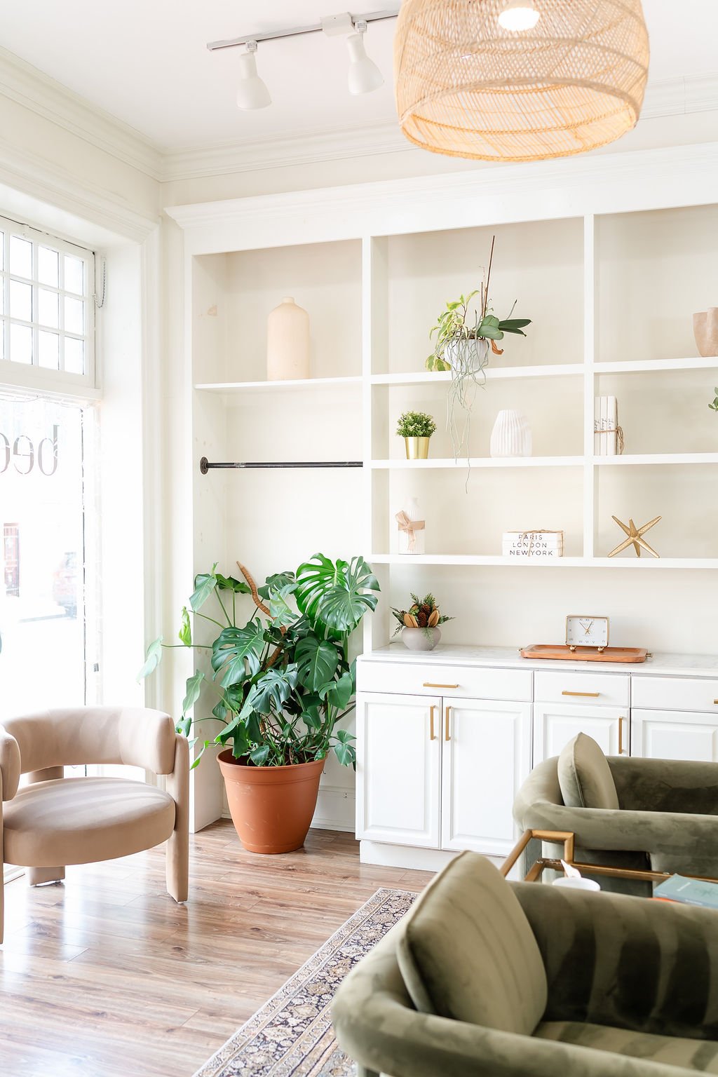 Bright living room with white built-in shelves, green plants, and beige and olive-green furniture.