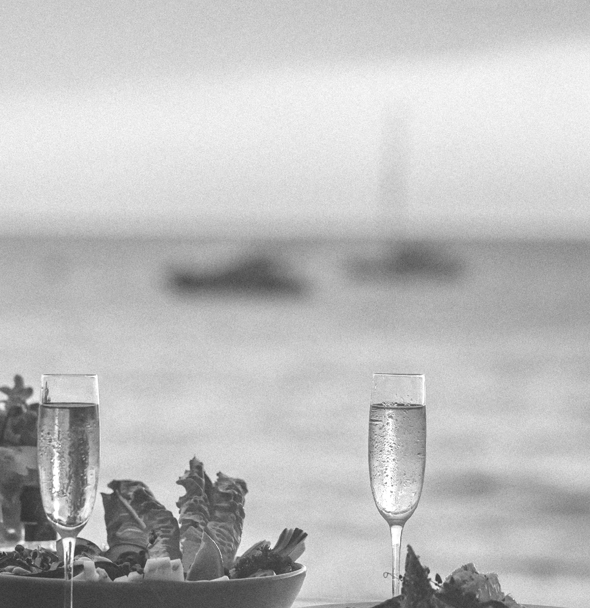 A black-and-white image of a dessert table with a bowl of fruit salad, a wine glass filled with water, and some rocks or plants in the foreground. The background features a plain wall and minimal decoration.