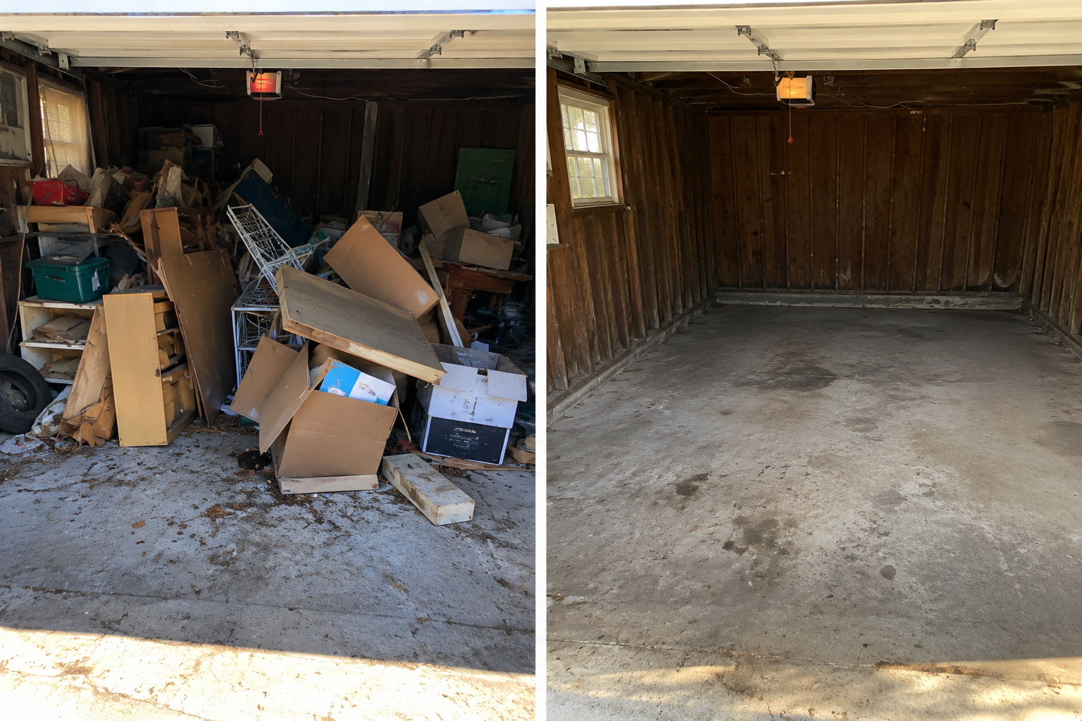 Comparison of a cluttered, messy garage filled with assorted boxes, furniture, and debris on the left, and a clean, organized garage with bare concrete floor and wooden wall paneling on the right.