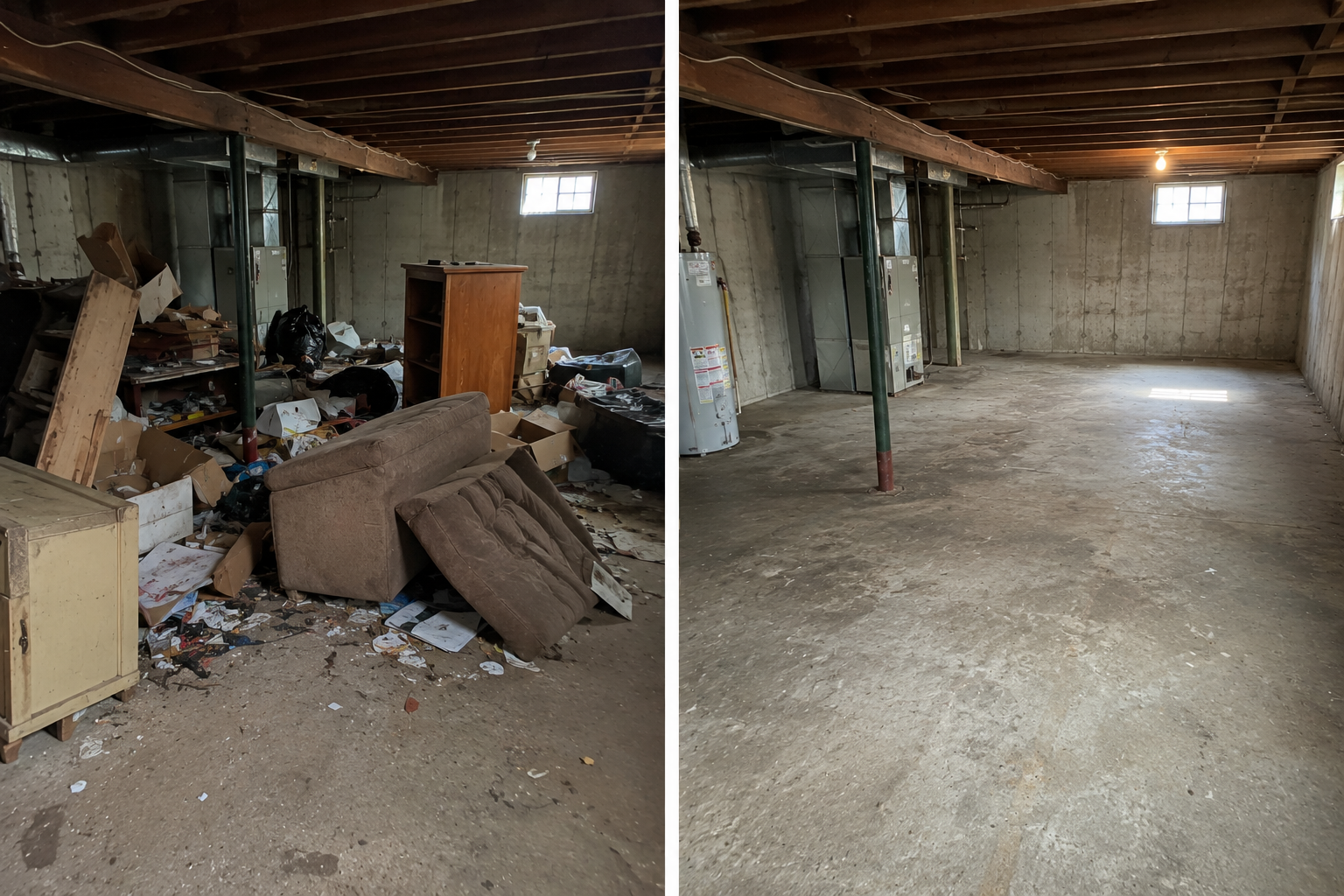 Comparison of two images showing a cluttered and messy basement on the left, and a clean, empty basement on the right.