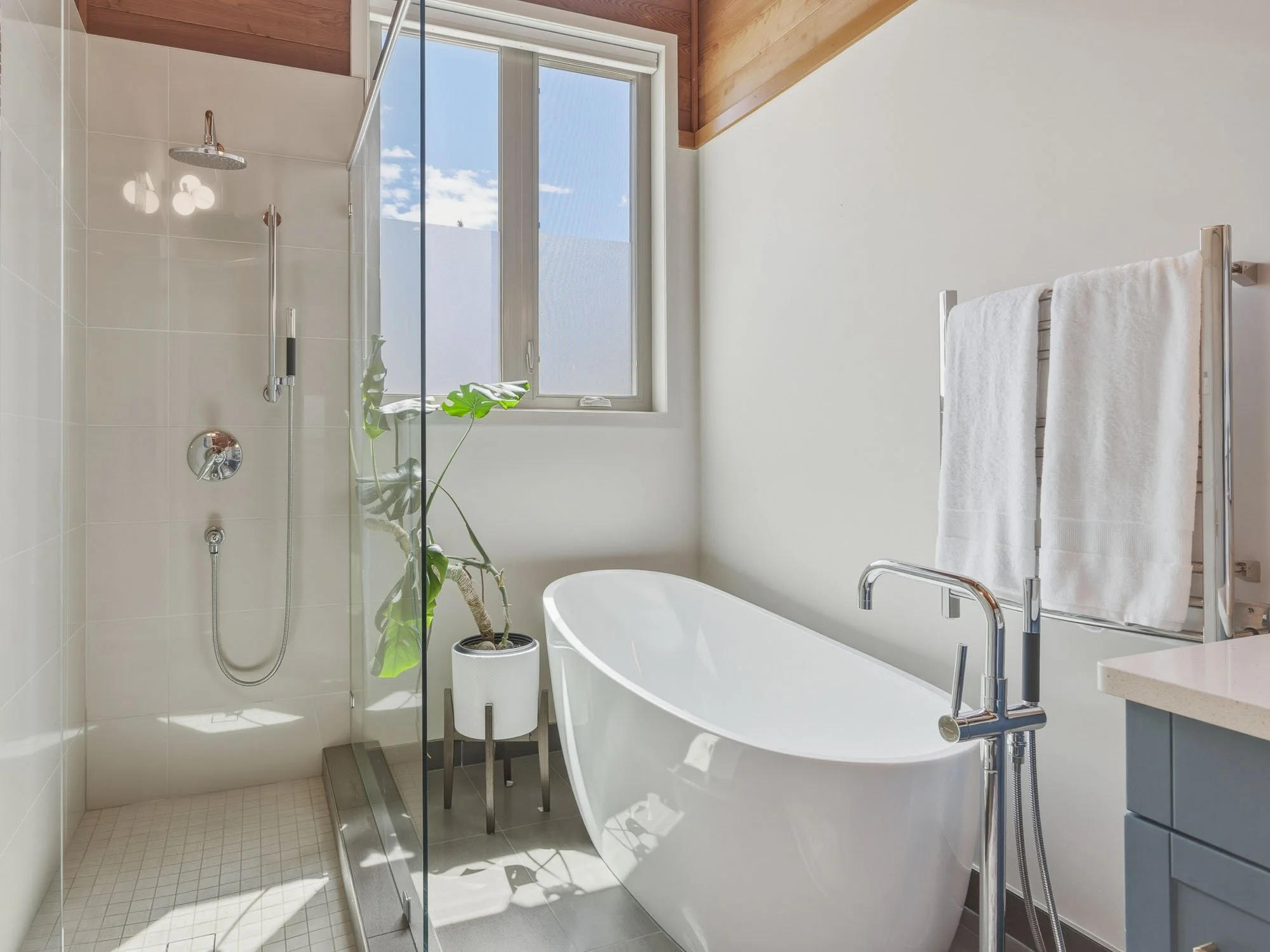 Modern bathroom with a walk-in shower, a freestanding bathtub, a window with a view of the sky, a potted plant, and white towels hanging on a towel rack.