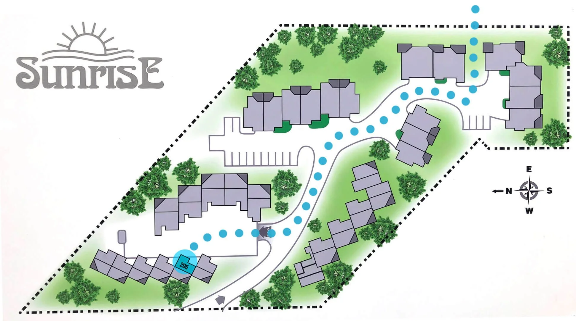 Site map layout of the 49-unit Sunrise Whistler Cay Heights residential community, highlighting the low-density building arrangements, parking, and Valley Trail access points.