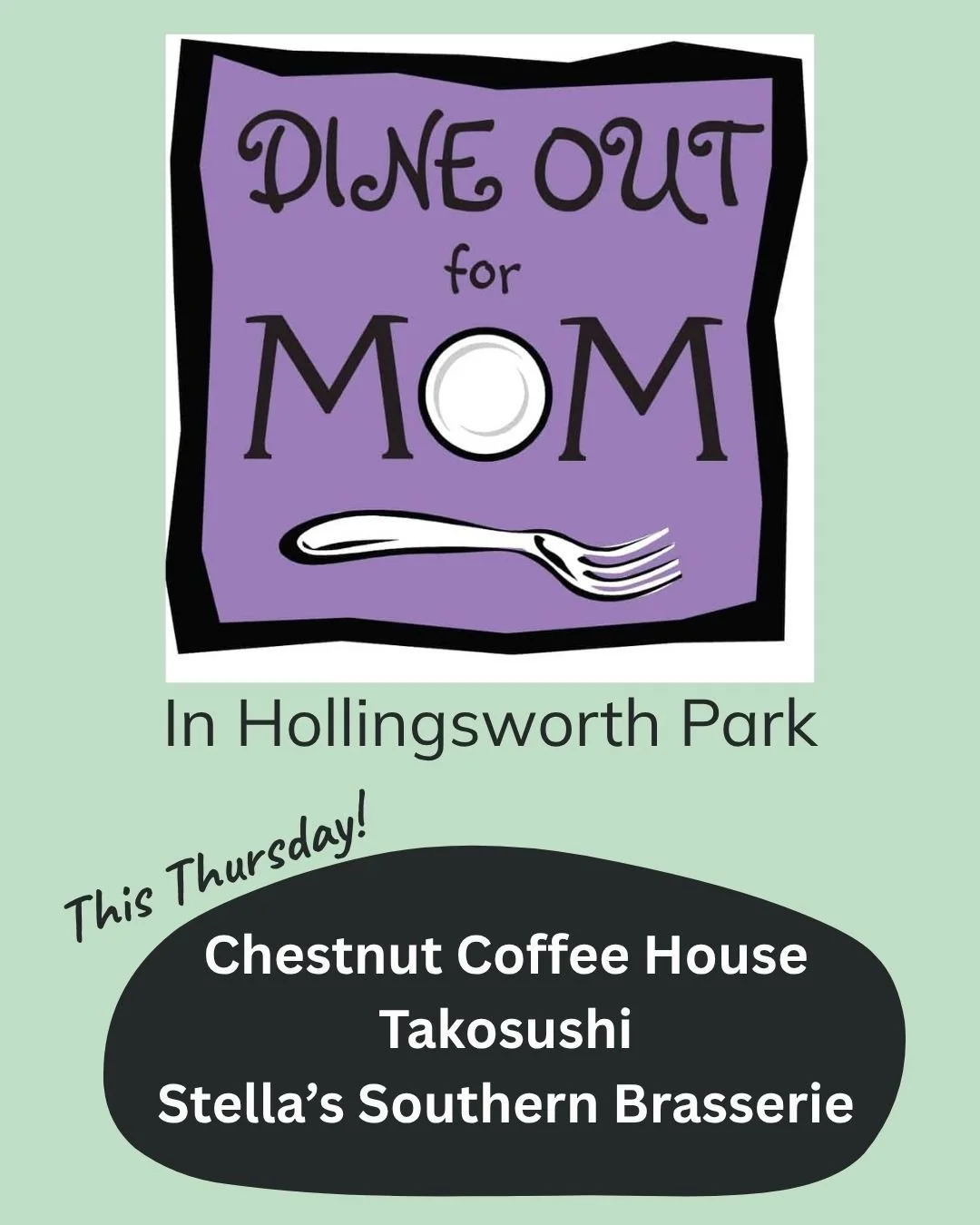 Breakfast, lunch, AND dinner plans are covered this Thursday thanks to the awesome businesses right here in Hollingsworth Park.  Dine Out for Mom where 20% of proceeds from these 3 and over 180 other Greenville restaurants are going to @let_there_be_