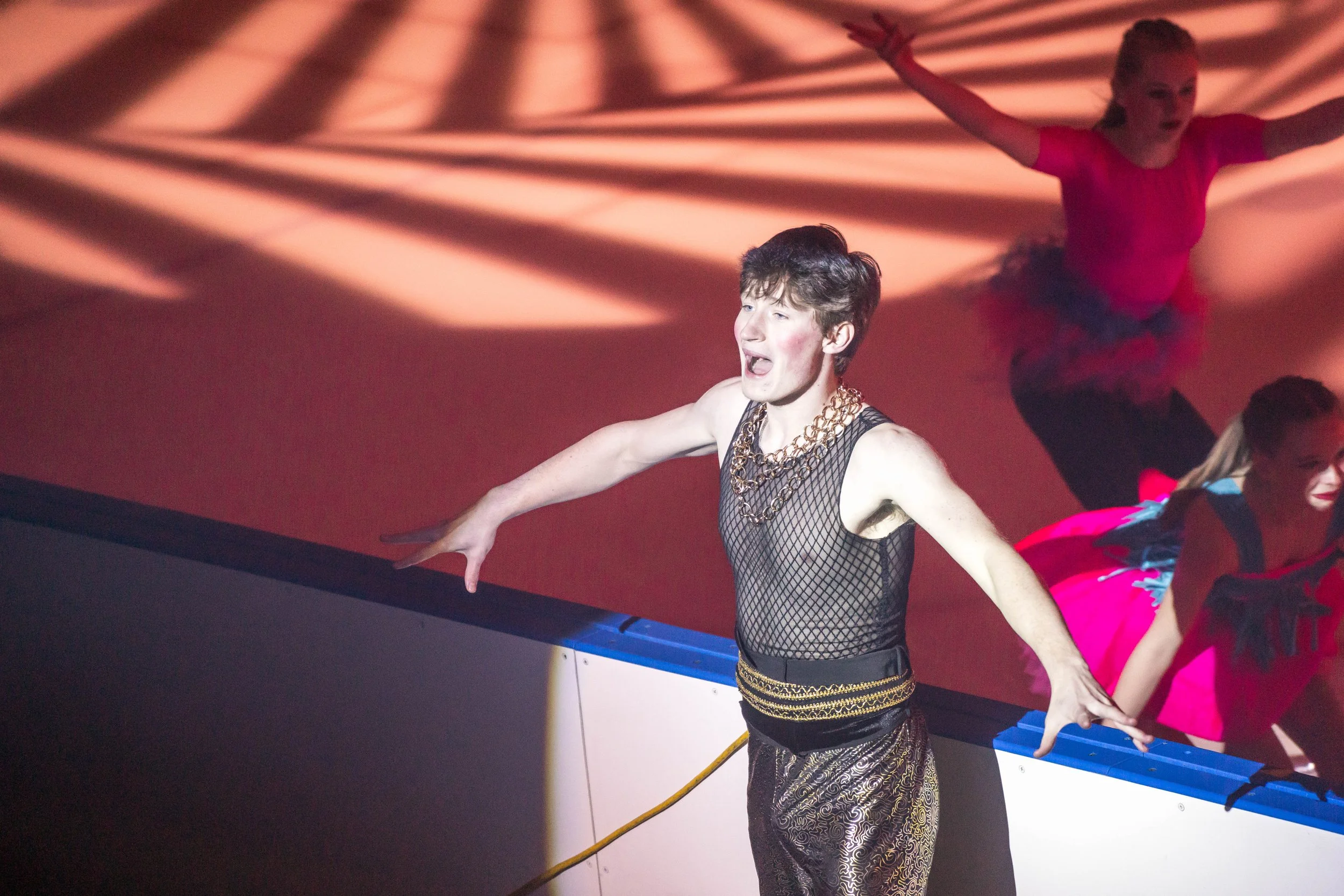 Two dancers performing on stage, one male in fishnet top and patterned pants, and one female in a pink dress, with dramatic lighting in the background.