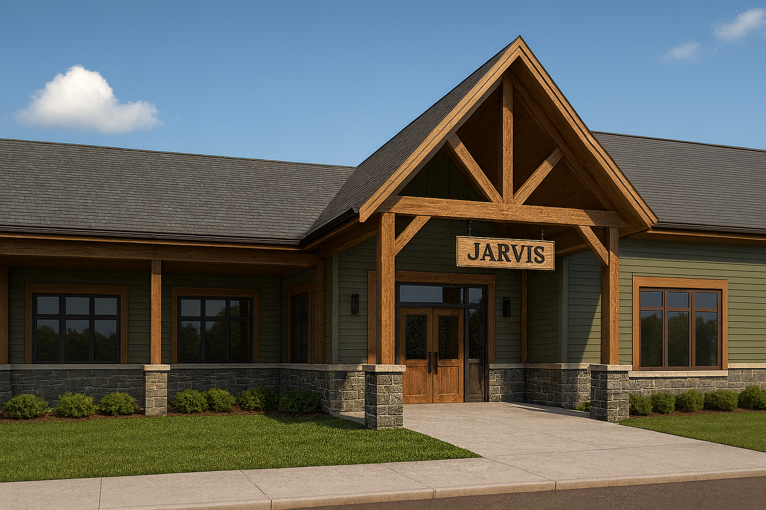 Exterior view of a building with wooden beams, green siding, and a stone foundation, with a sign that reads 'JARVIS' hanging at the entrance