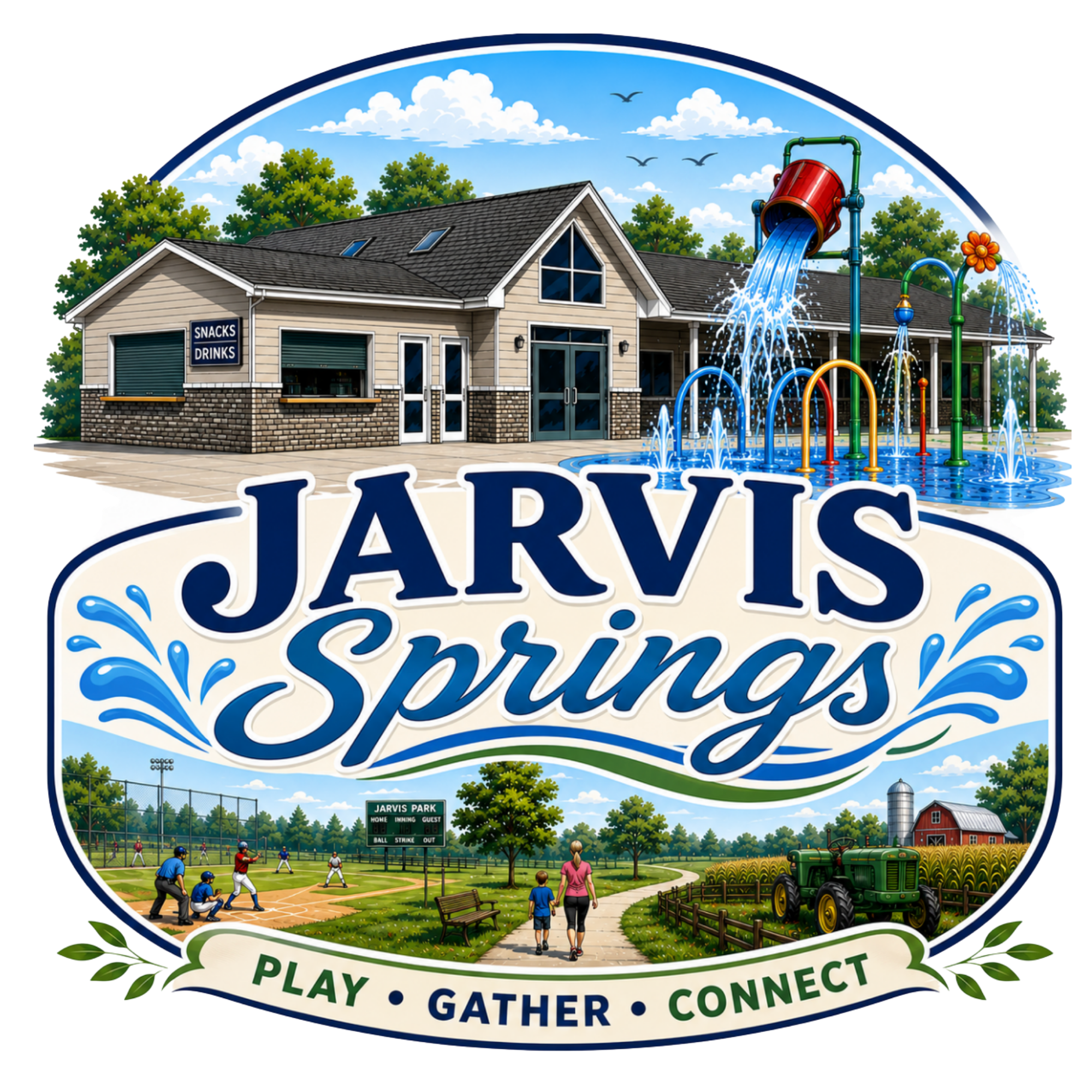 A colorful illustration of a community park with a baseball game, playground, and farm setting, surrounded by trees and a bright blue sky.