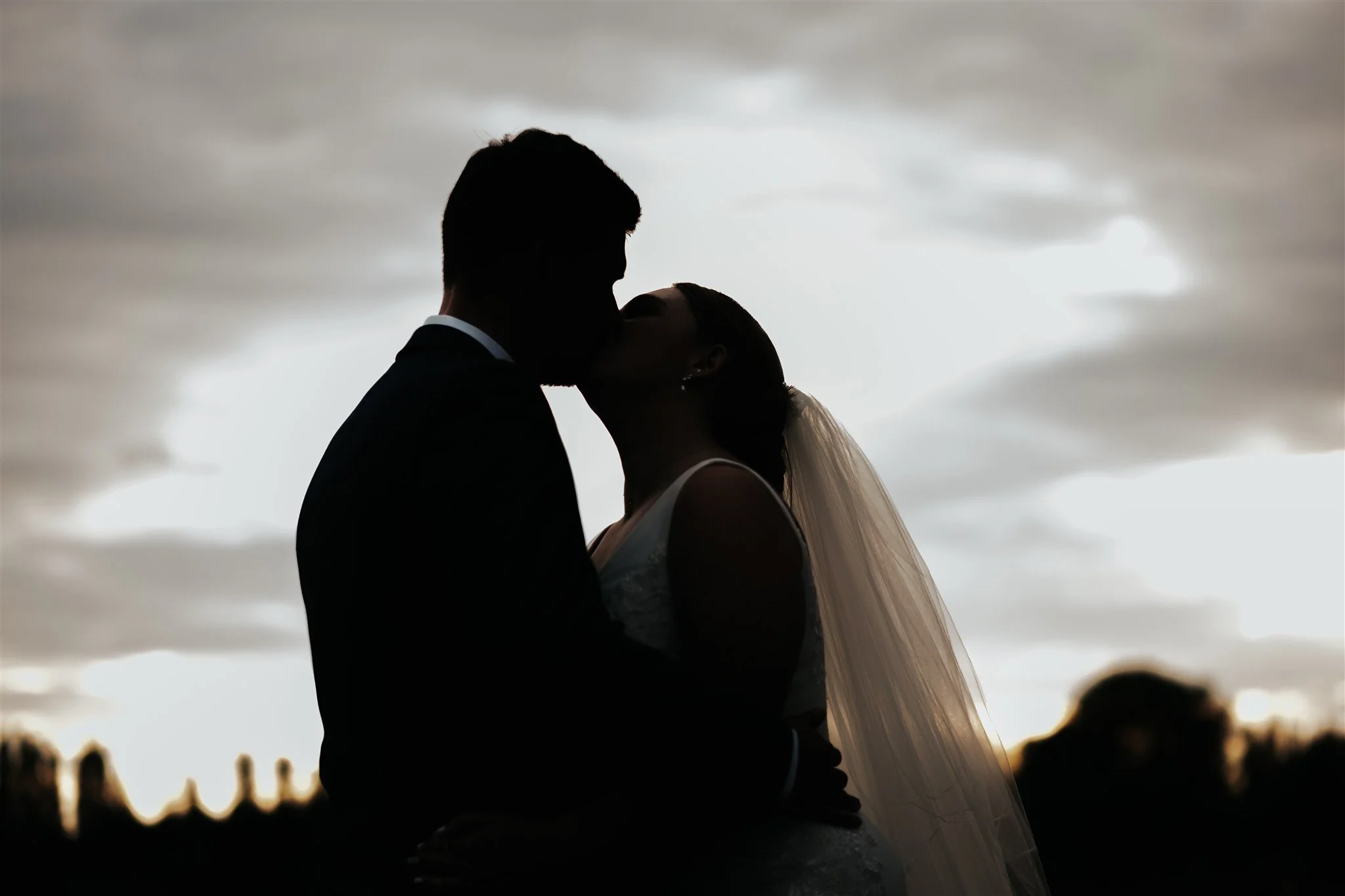 Silhouette of a couple kissing outdoors against a cloudy sky, possibly during sunset or sunrise, with blurred trees in the background.