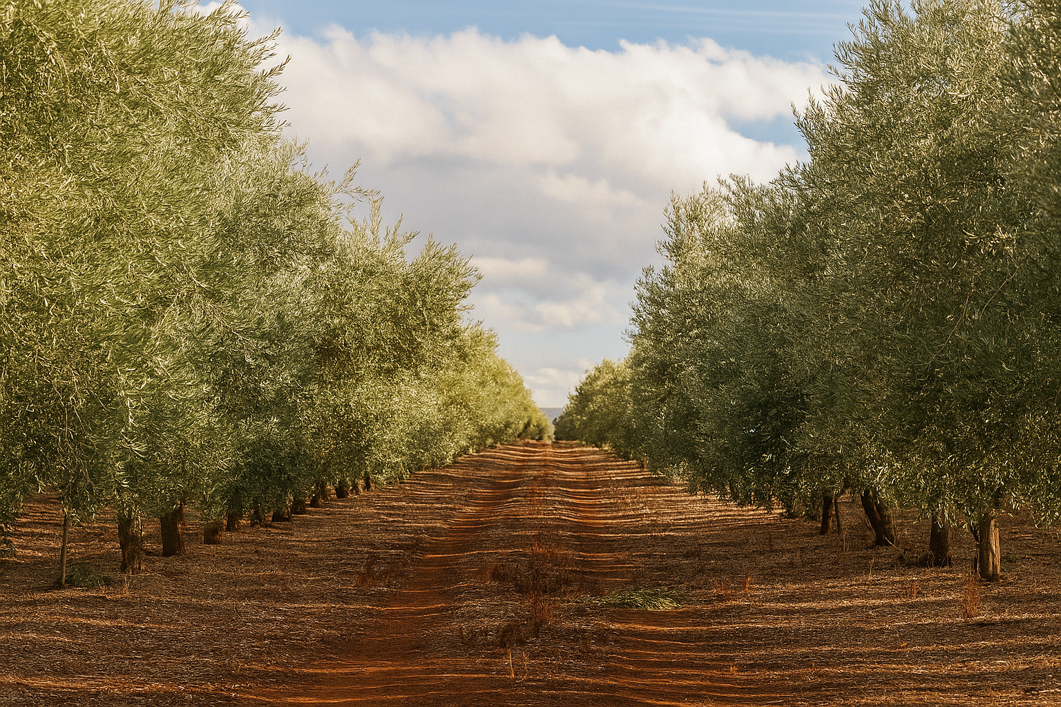Olive grove with rows of olive trees and a dirt path between them, under a partly cloudy sky.