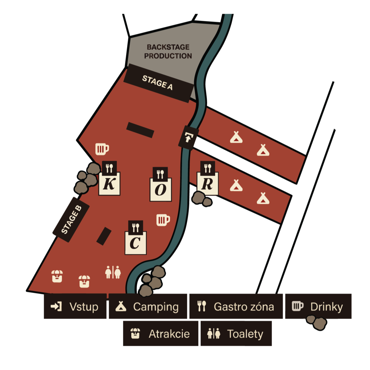A map of a park or outdoor area with labeled zones including backstage production, stage A, and stage B. The map includes icons for food, drink, camping, attractions, toilets, and entrance. The map has a river running through it, with paths and rocks, and icons indicating various facilities.