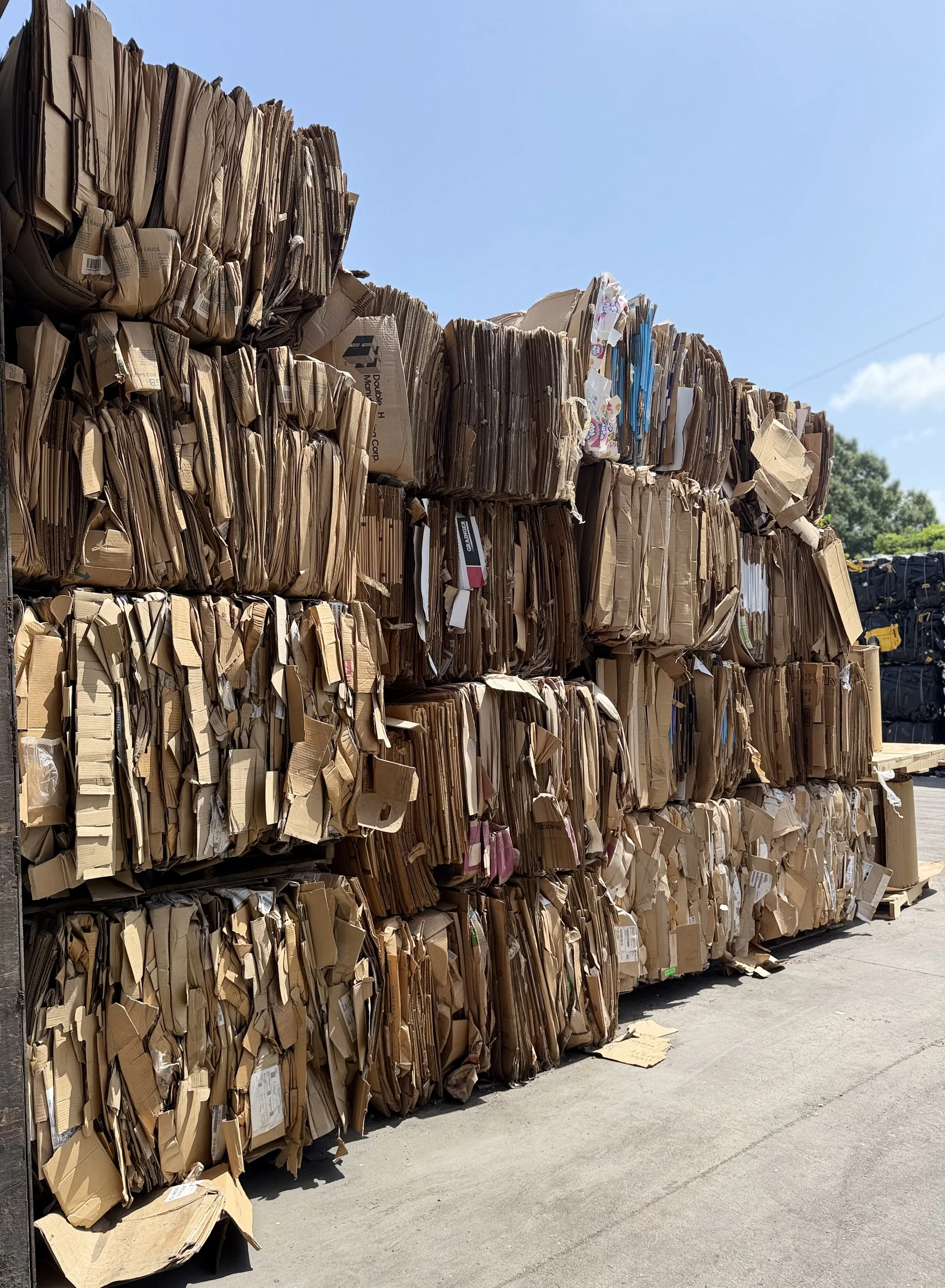 Stacks of baled cardboard boxes stacked outdoors under a clear blue sky.