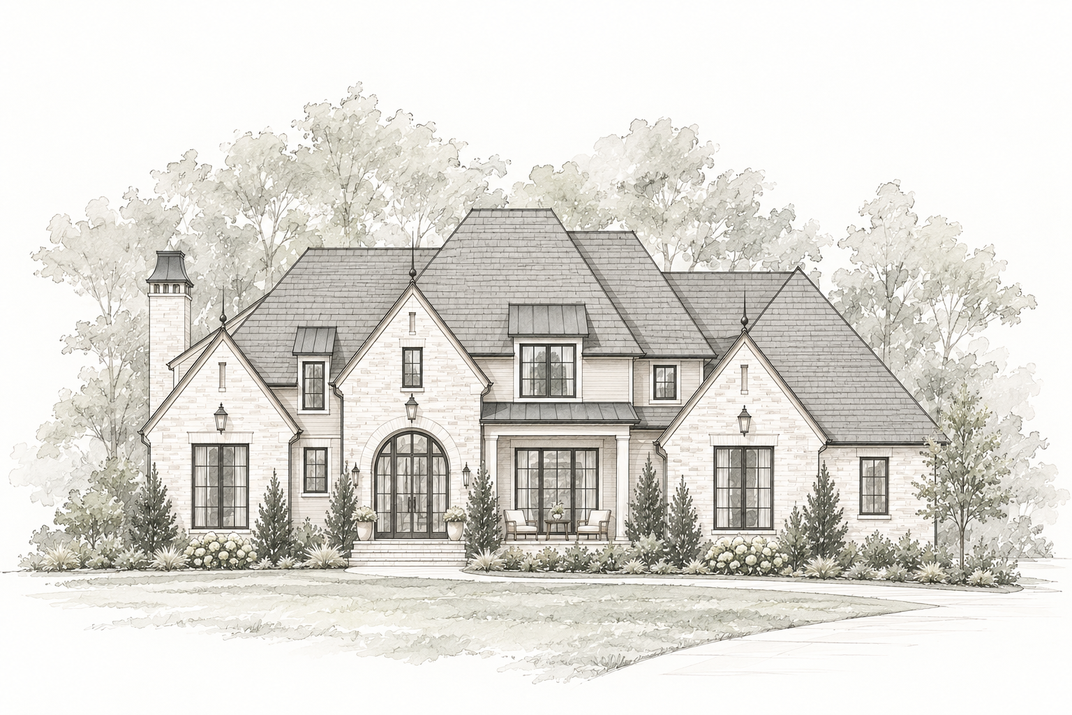 Sketch of a large, two-story house with multiple gabled roofs, large front windows, and a centered arched entryway, surrounded by landscaped bushes and trees.