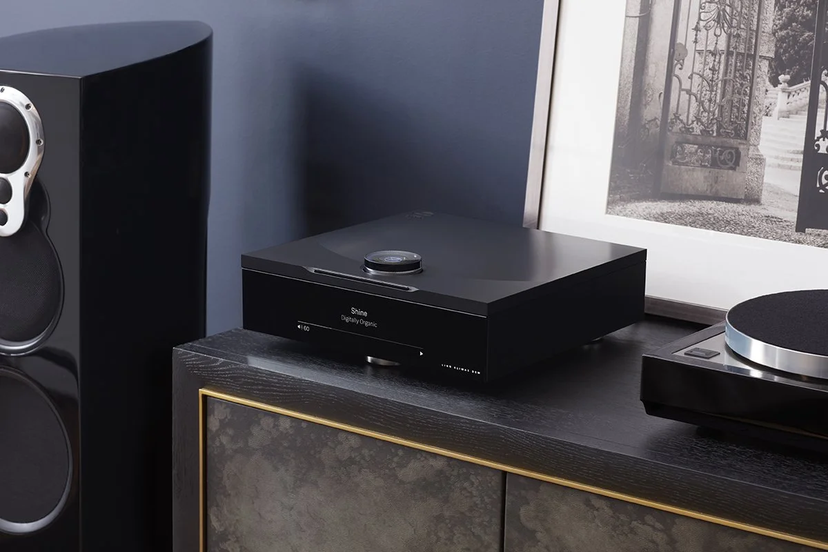 Immagine di un sistema audio con un giradischi e un amplificatore, posizionati su un mobile di fronte a una parete blu e un quadro con una scena di un cancello in ferro battuto.