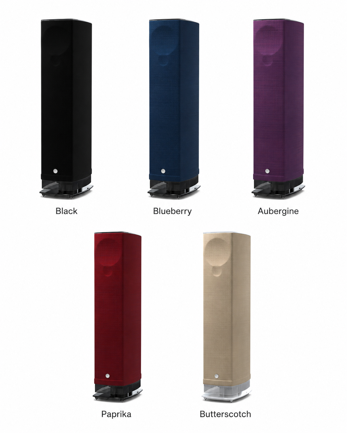 Cinque finiture Linn Fabrik per i diffusori attivi Linn 530: Black, Blueberry, Aubergine, Paprika e Butterscotch.