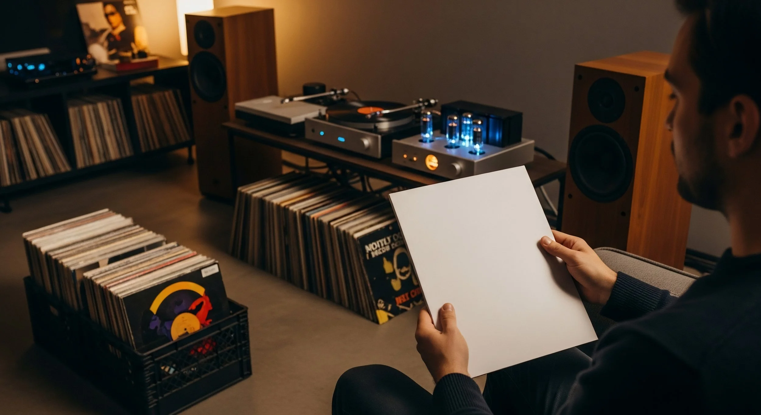 Una persona prende appunti in una stanza con impianto stereo e una libreria di dischi.