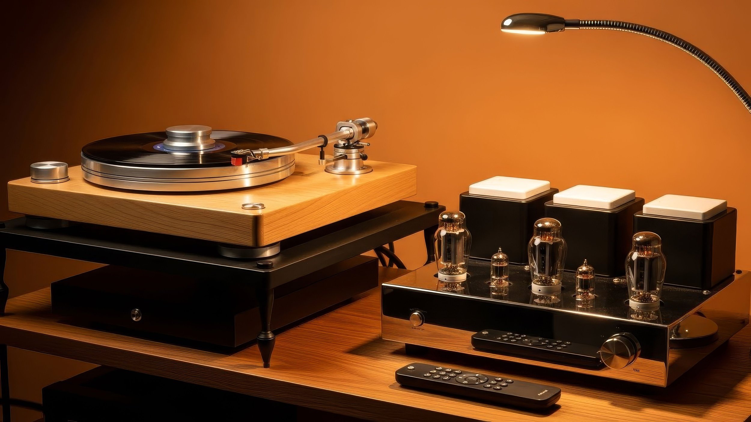 Un giradischi in stile moderno con una puntina che suona un disco nero, accompagnato da apparecchiature audio e telecomandi su un tavolo di legno