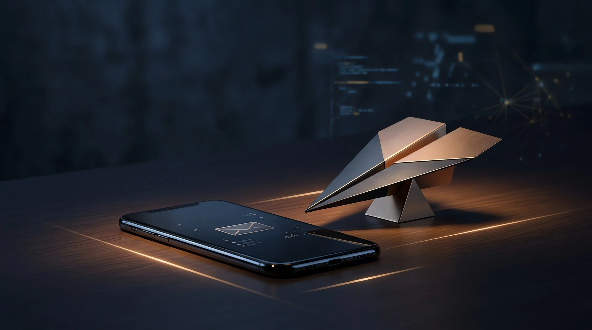 Smartphone, orologio e una figura di metallo aerodinamica su una scrivania di legno