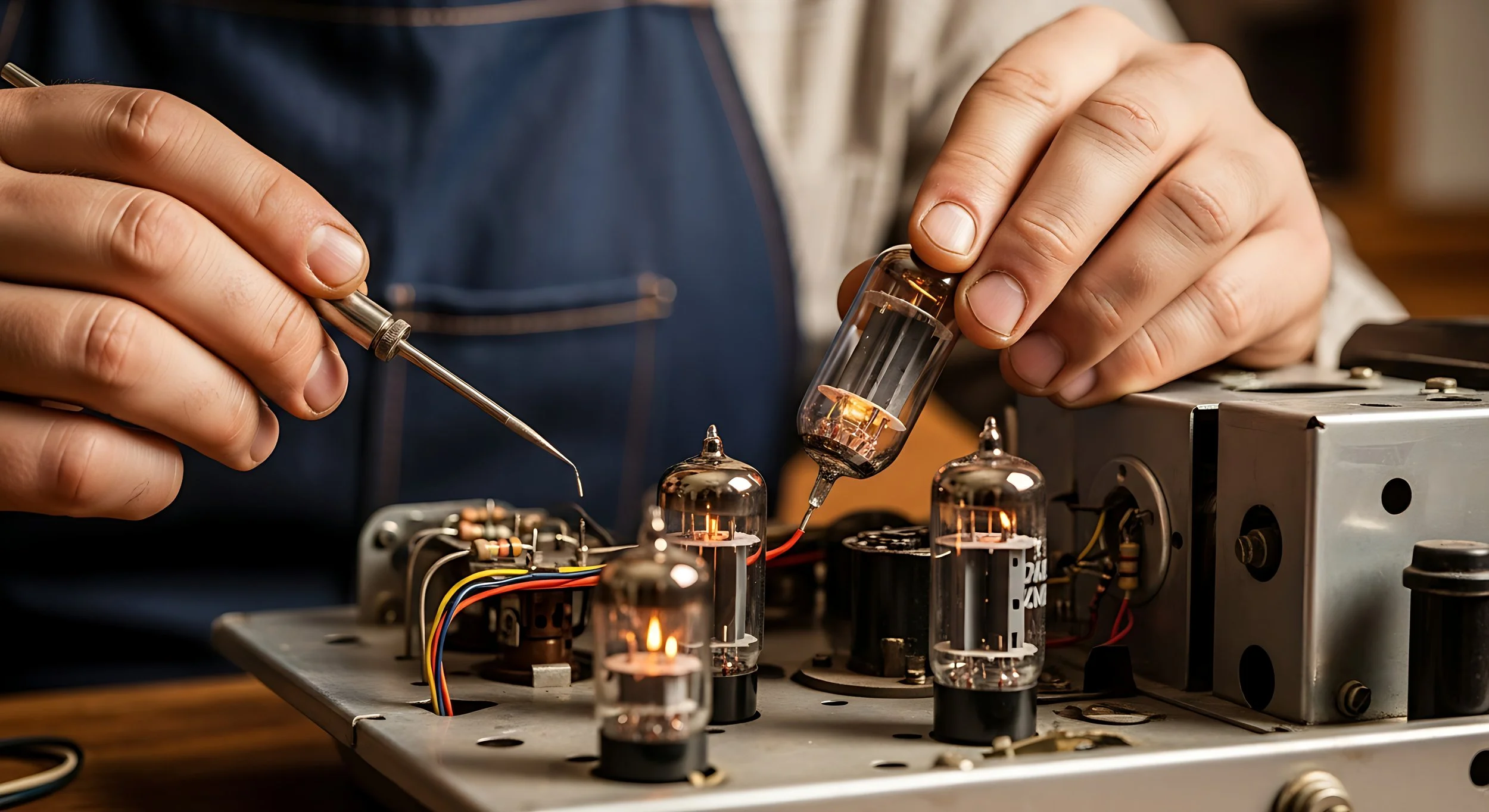 Le mani di una persona che lavora su un circuito elettronico con tubi a vuoto, utilizzando uno strumento di precisione durante la riparazione e manutenzione di apparecchi elettronici vintage o radio.
