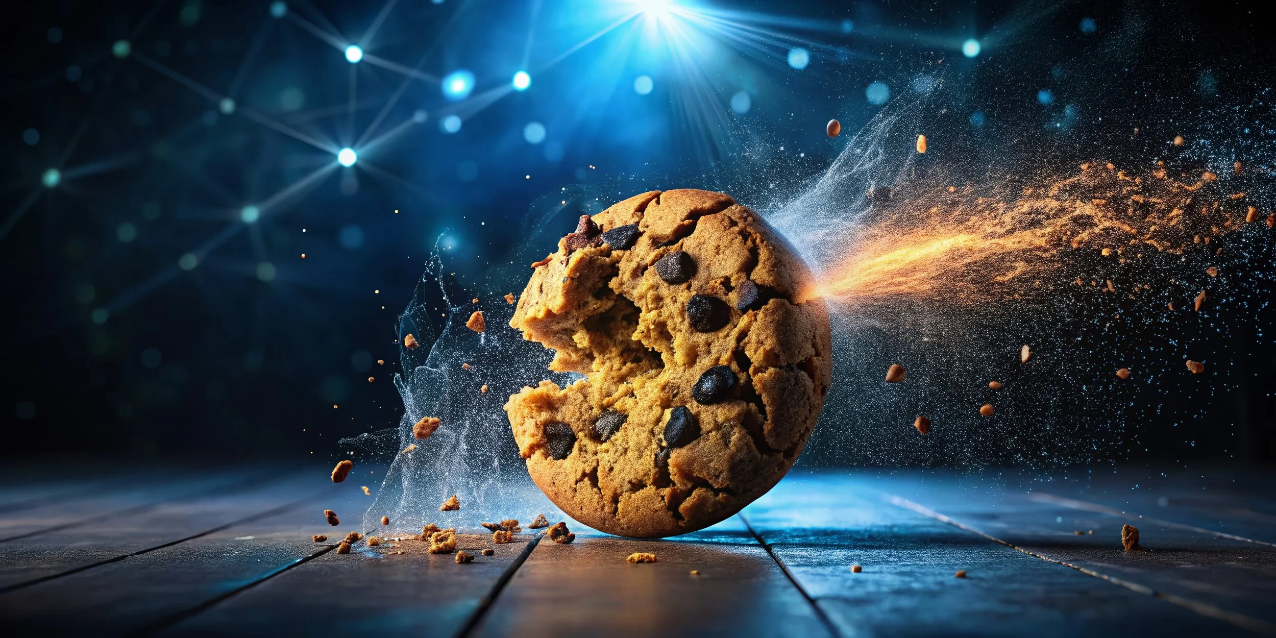 Un biscotto con gocce di cioccolato si frantuma mentre esplode in un ambiente spaziale, con particelle di succo e linee di luce che suggeriscono un'esplosione o un impatto potente.