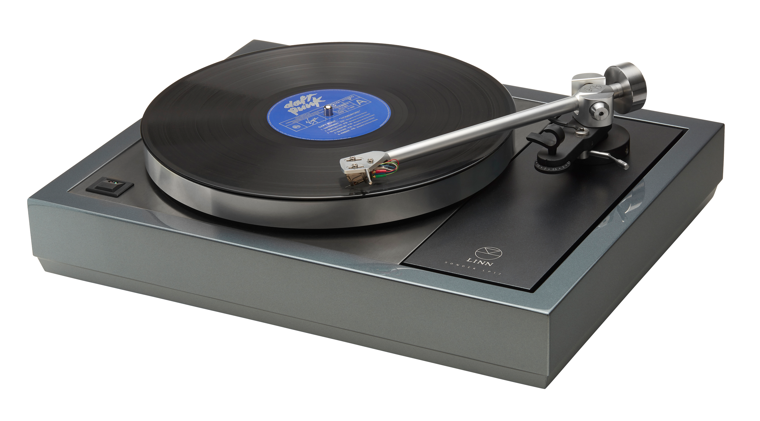 Giradischi con vinile nero e etichetta blu, marca Linn, su superficie grigia