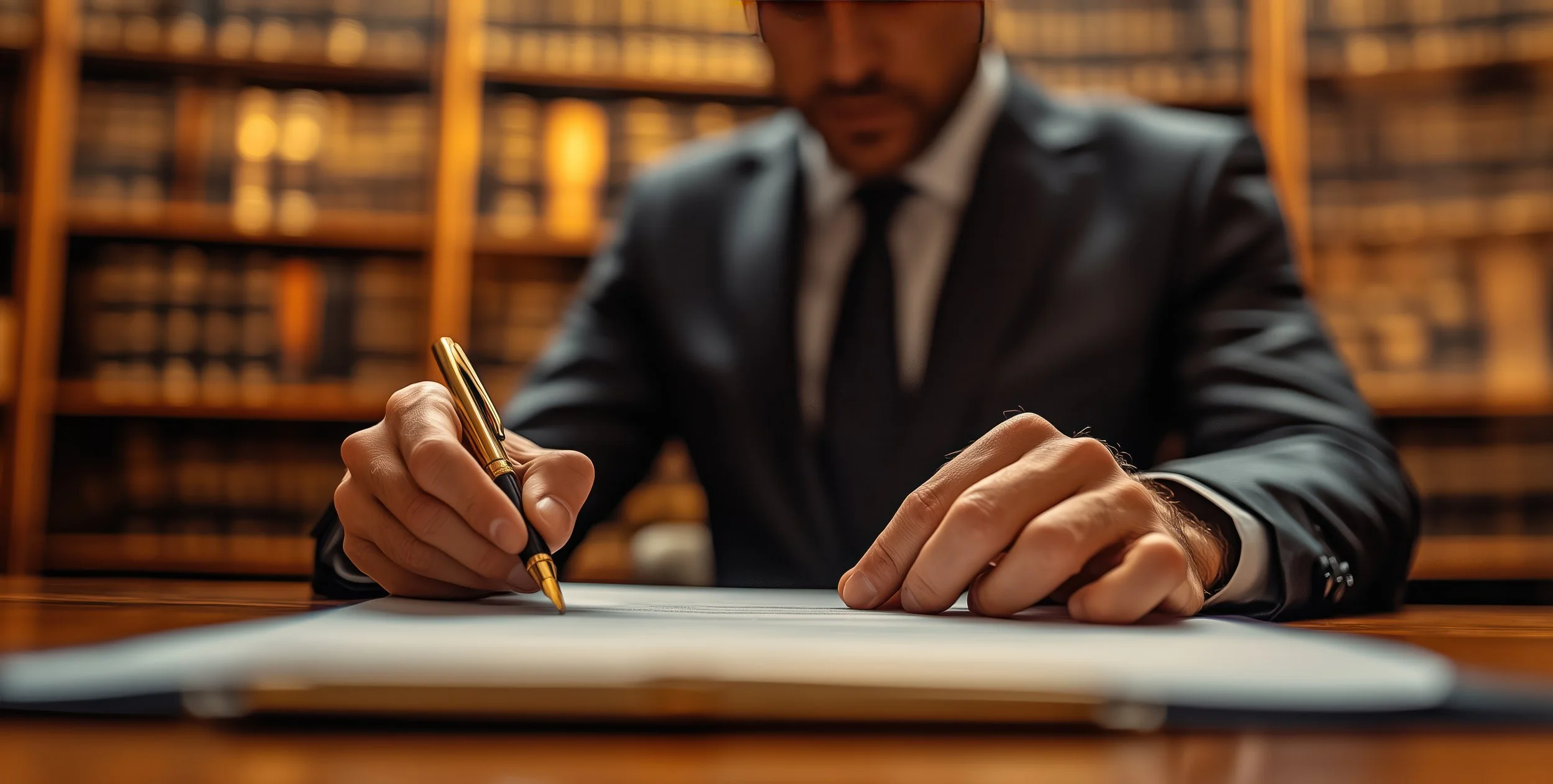 Uomo in giacca nera con camicia bianca e cravatta sta firmando un documento con una penna dorata in una libreria con scaffali pieni di libri.