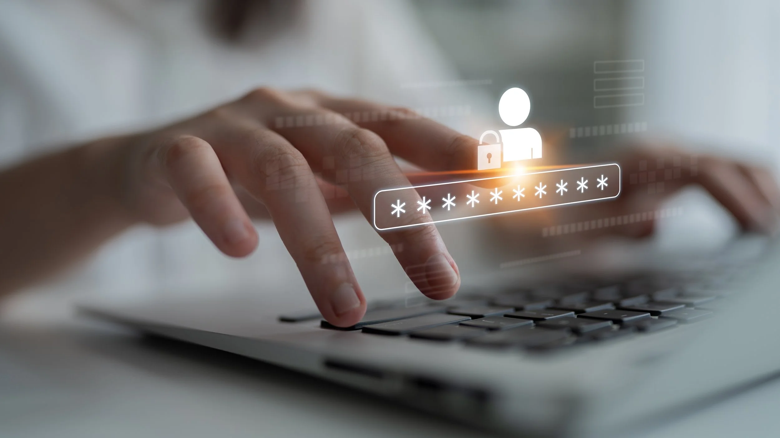 Una mano digitando su una tastiera di computer con dati digitali e icone di sicurezza sovrapposte, tra cui una figura umana, un lucchetto e un campo di inserimento password con asterischi.