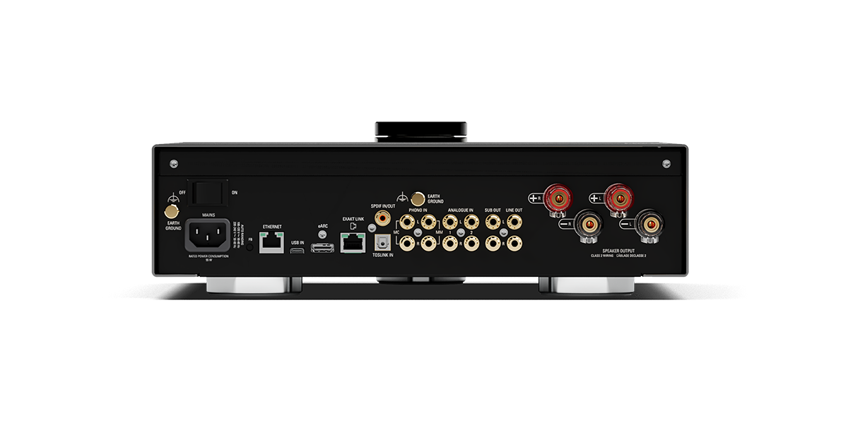 Retro amplificatore audio con vari ingressi e uscite, comprese uscite per altoparlanti, con connettori e controlli posteriori.
