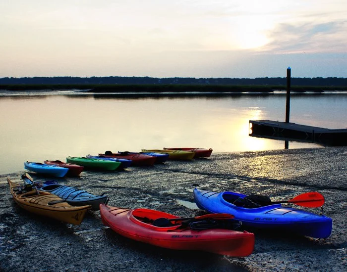 Simply Color-"Let the Paddling Begin" Kayaks at White Hall Landing, Beaufort SC . River. Sunrise.