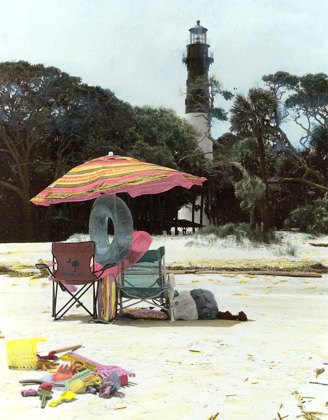 Hand-Painted-"What Could Be Finer?" Umbrella. Stripes. Colors. Beach. Toys. Lighthouse. Hunting Island Beach SC, Oils