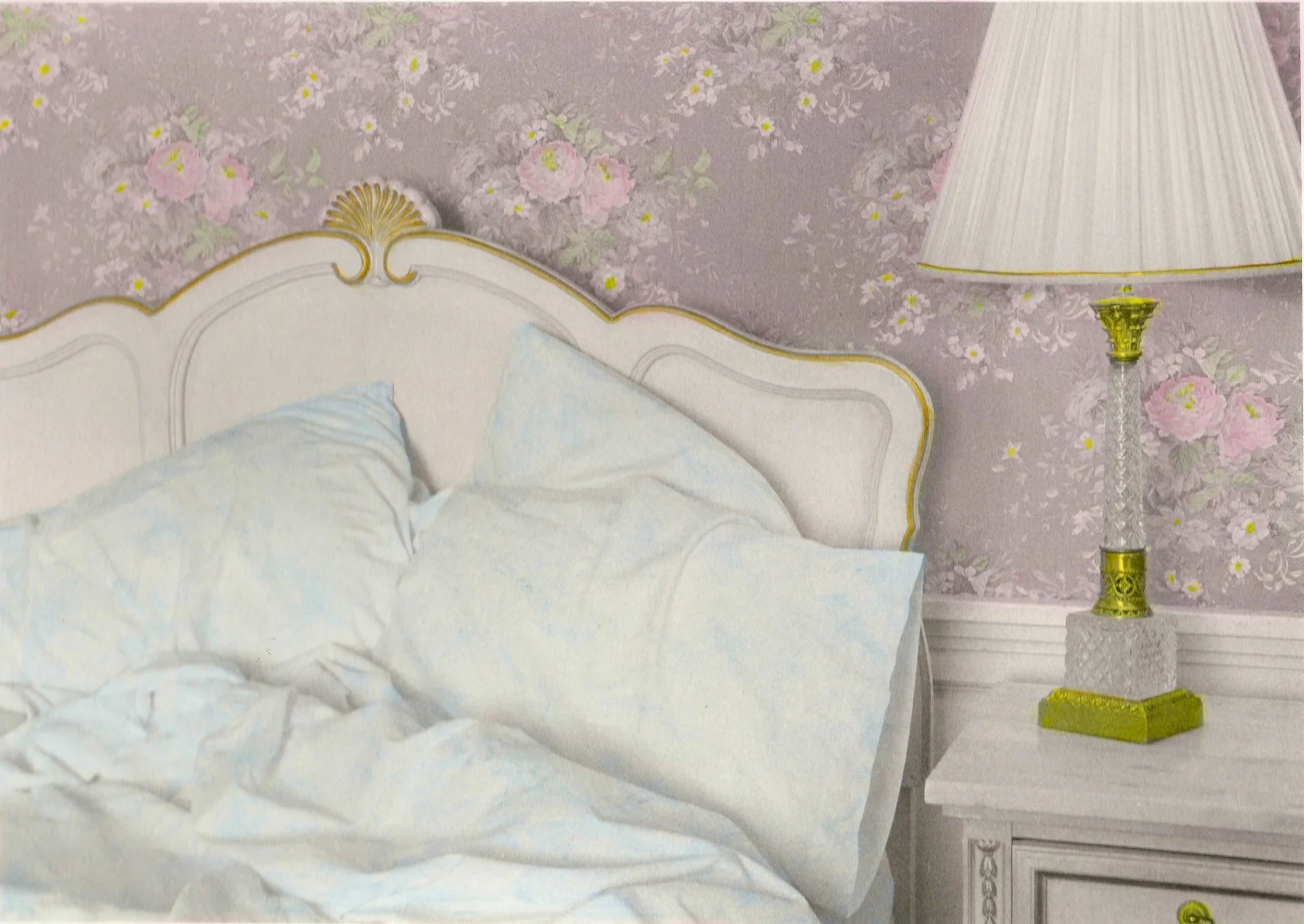 Hand-Painted- "Bed, San Francisco" Headboard. White. Lamp. Gilded. Wallpaper. Roses. CA. Oils