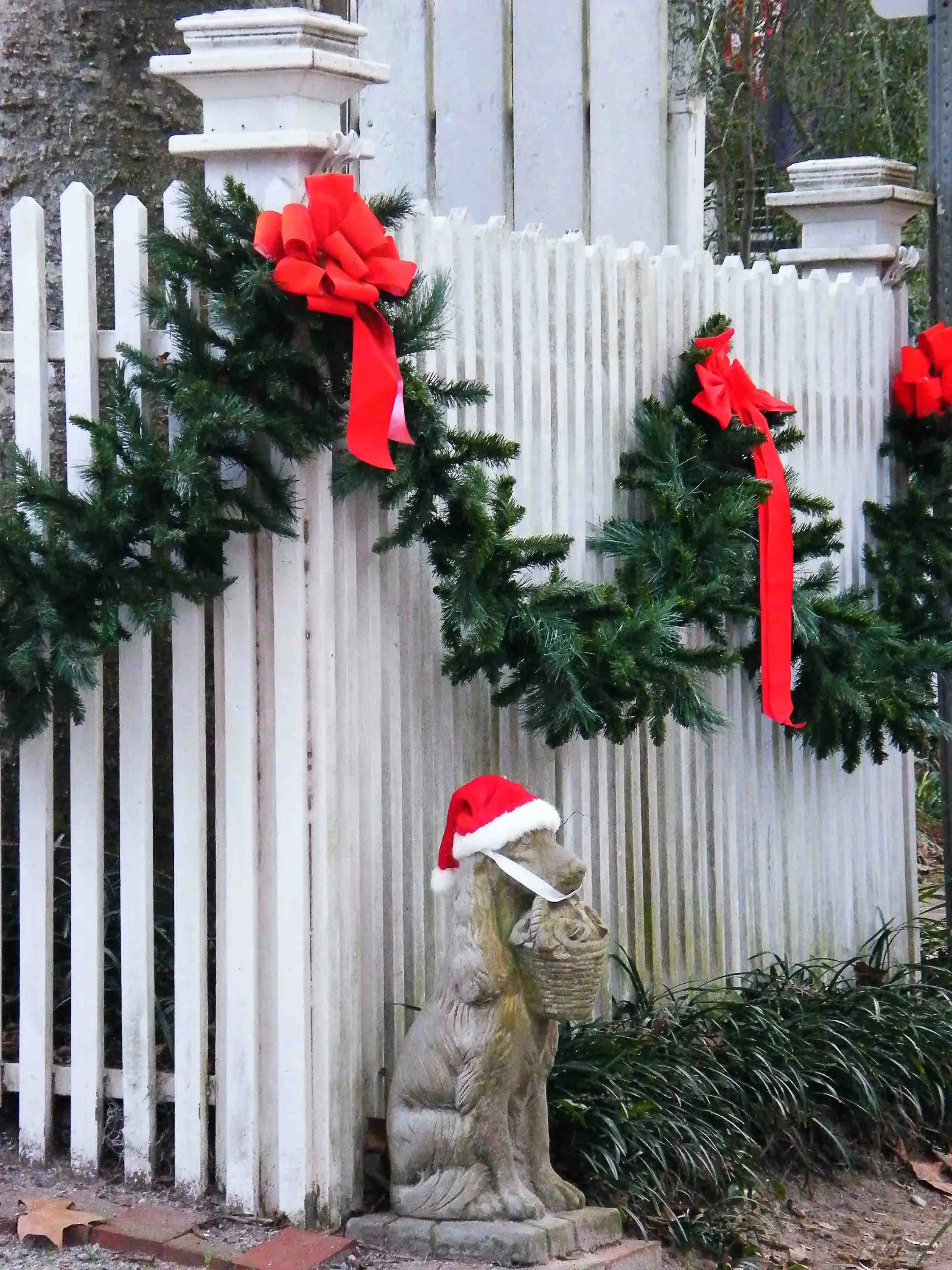 Simply Color- "Christmas in 'the Point'" Beaufort SC. Fence. White. Garland. Bows. Dog. Statuary. Hat. Red.