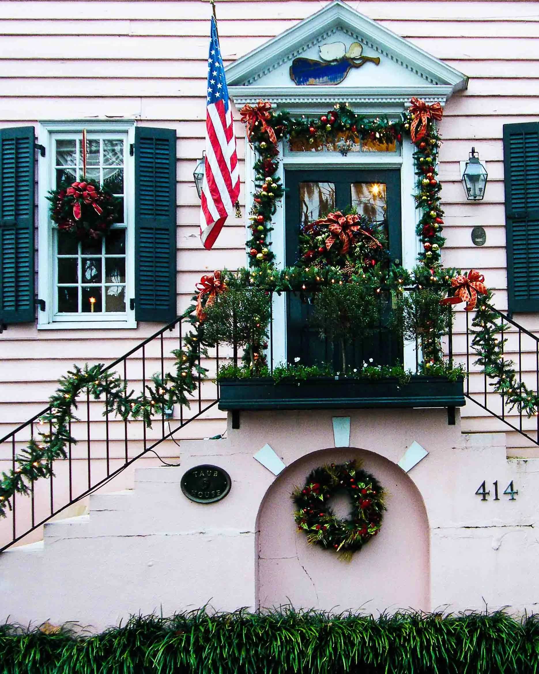 Simply Color- "Christmas in the Pink" 'The Point' Beaufort SC. Antebellum. House. Arch. Wrought Iron. Railing. Stairs. Flag. Wreath. 414.