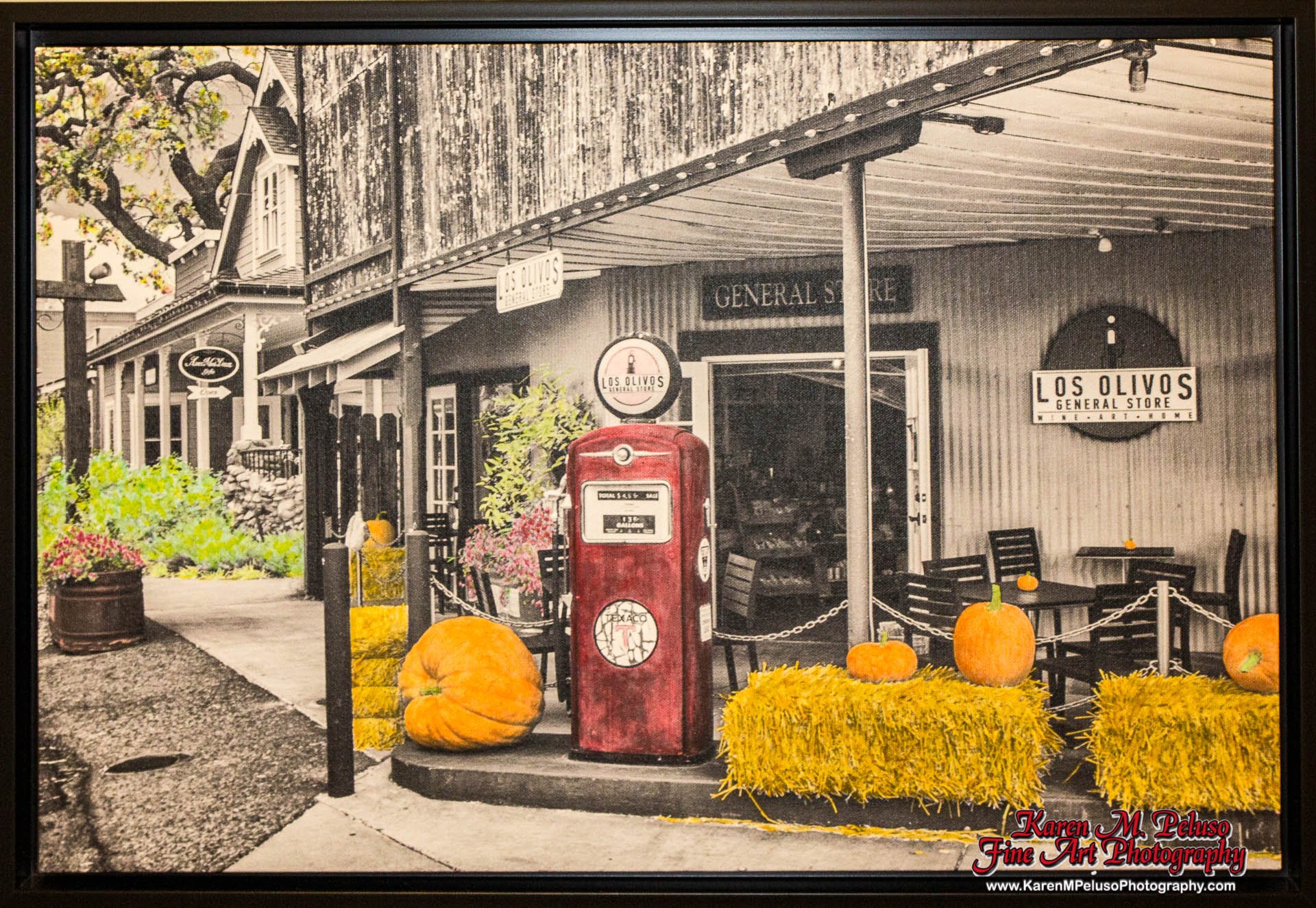 Hand-Painted- "October, Los Olivos,  CA" Antique. Gas. Pump. General Store. Pumplins. Hay Bales. Shrubs. Acrylics