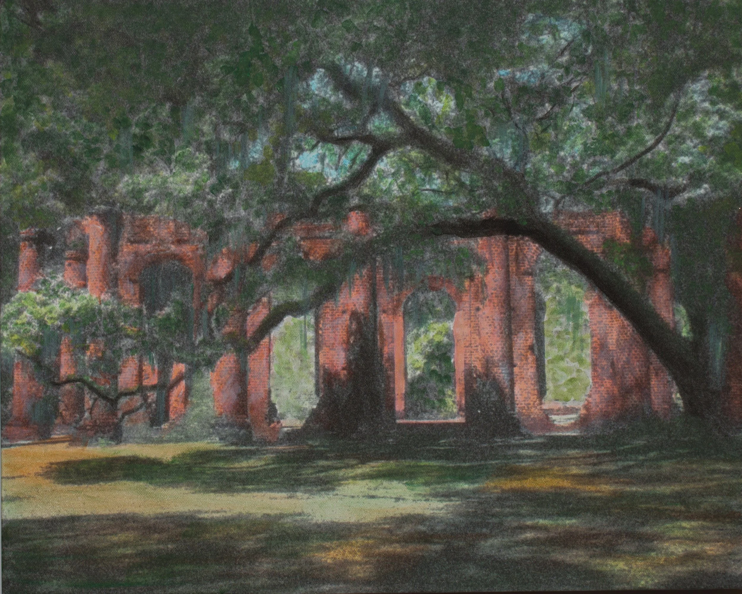 Hand-Painted- "Old Sheldon Church Ruins" Brick. Columns. Trees. Grass. Shadows. Beaufort County SC. Acrylics
