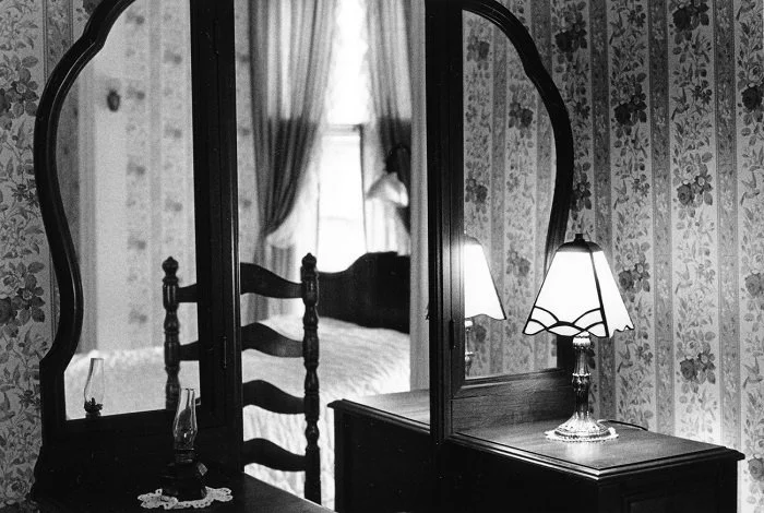Classic B&W: "Boudoir, Newport, RI" Antique. Furniture. Mirrors. Table. Lamp.  Chair. Bed. Reflections.
