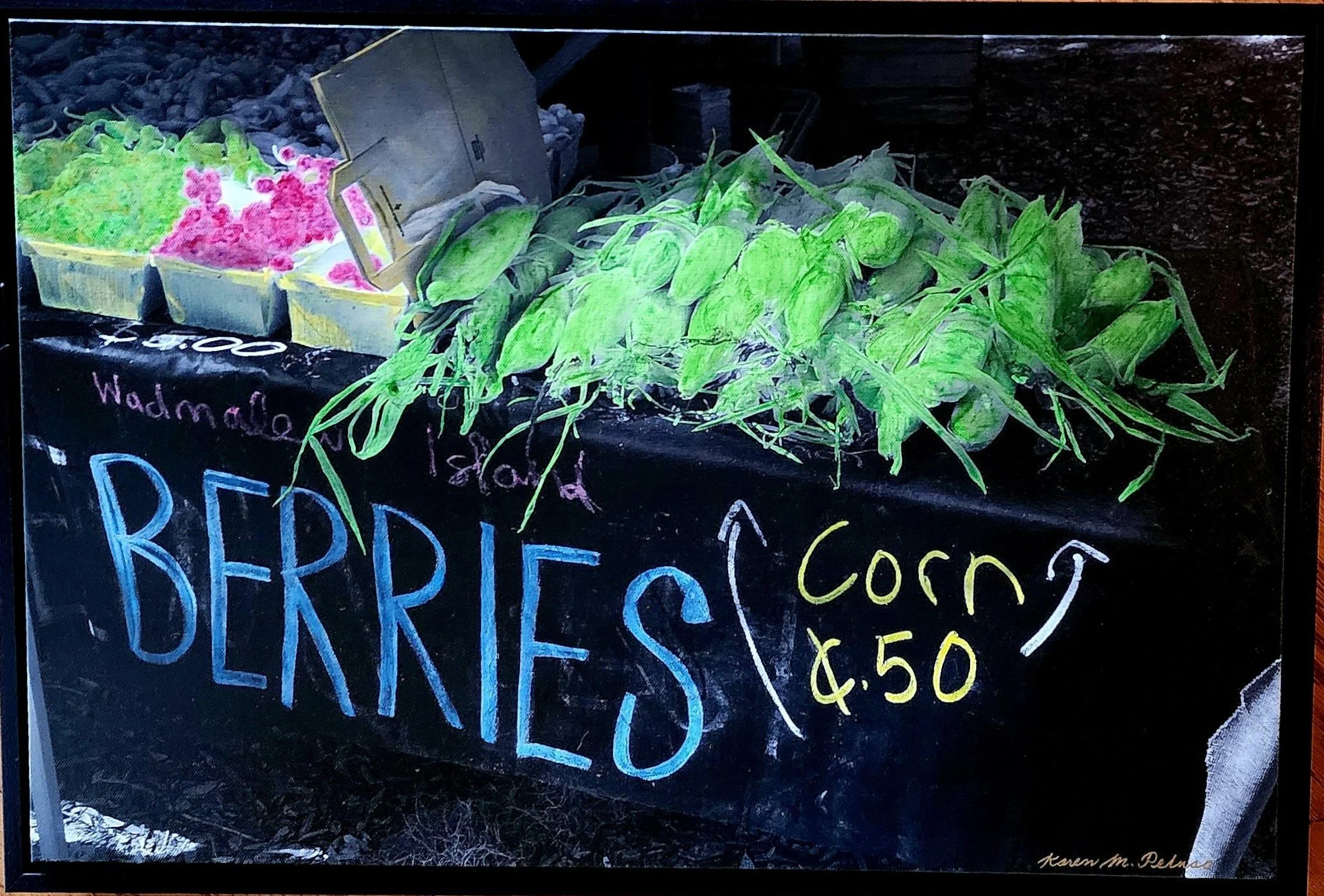 Hand-Painted- "Berries & Corn" Wadmalaw Island. Farmers Market. Signs. Baskets. SC. Acrylics