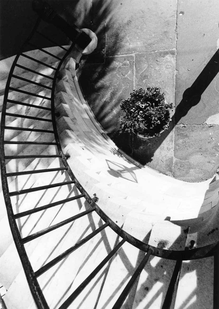 Classic B&W: "Charleston Abstract" Stairwell. Aerial View. Curve. Iron. Railing,.Charleston County, SC