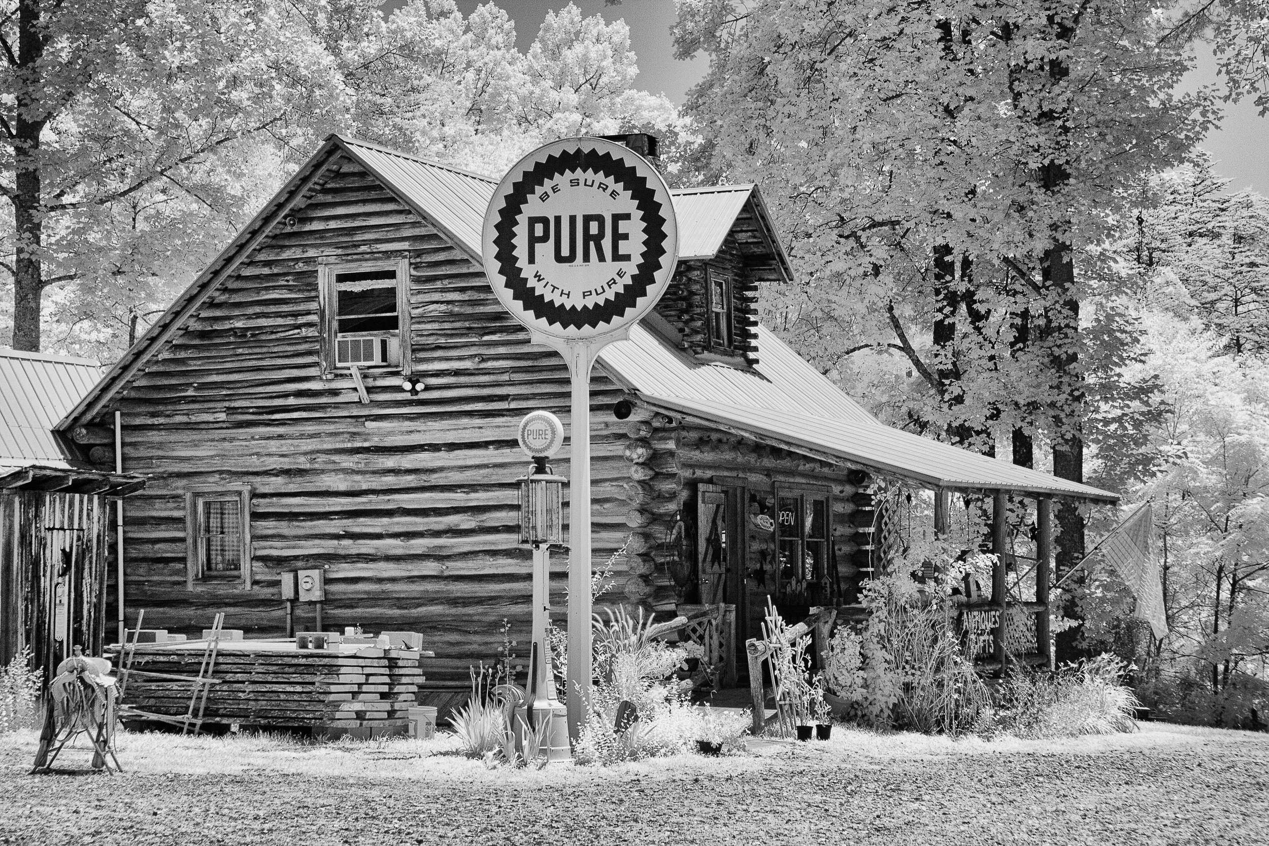 Infrared- "Pure- Gas & Cabin" Barn. Logs. Trees. Sign. North GA