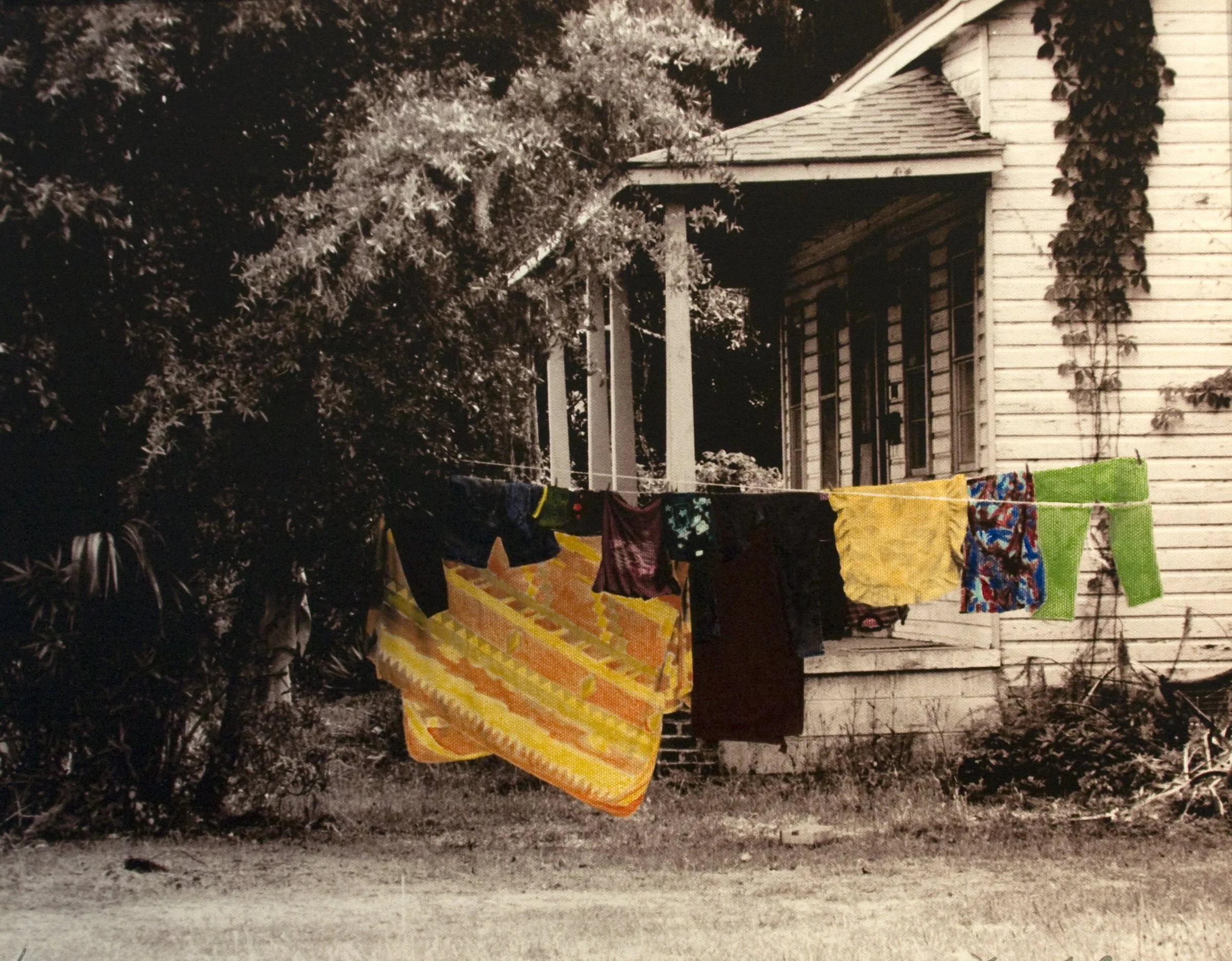 Hand-Painted-"Wash Day on Newcastle Street," Laundry. Blanket. Colors. Porch. Trees, Vines. Beaufort, SC. Acrylics