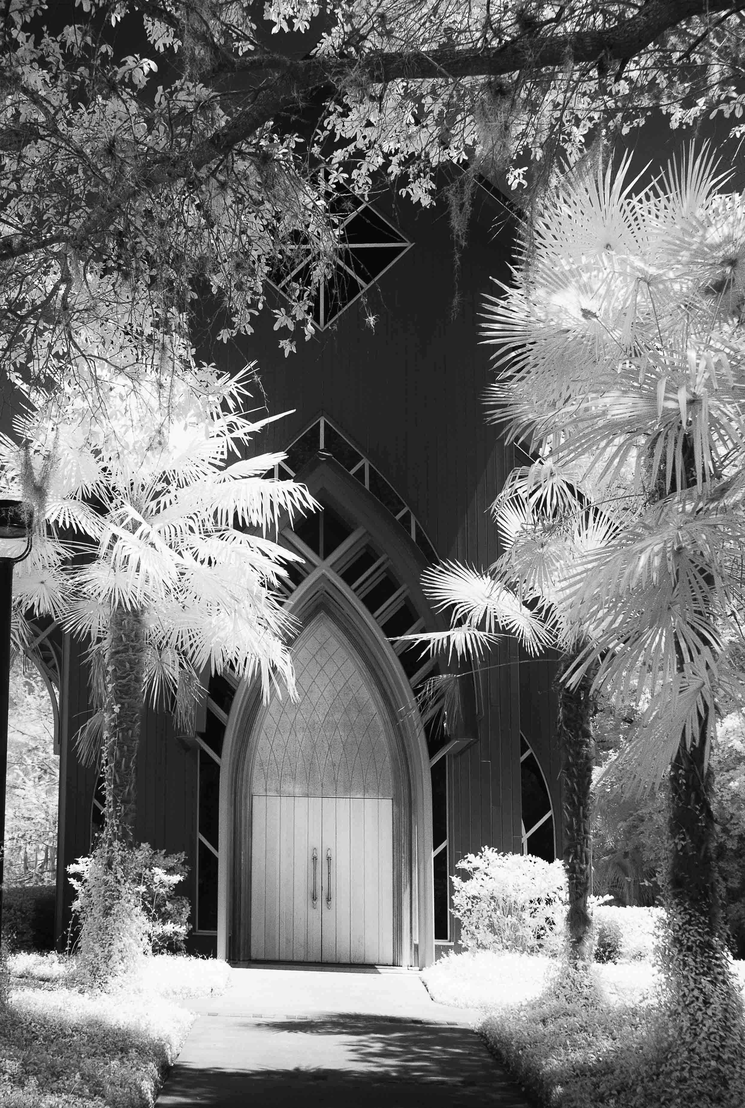 Infrared- "Baughman Chapel ,University of Florida, Gainesville, FL" Arched. Door. Trees.