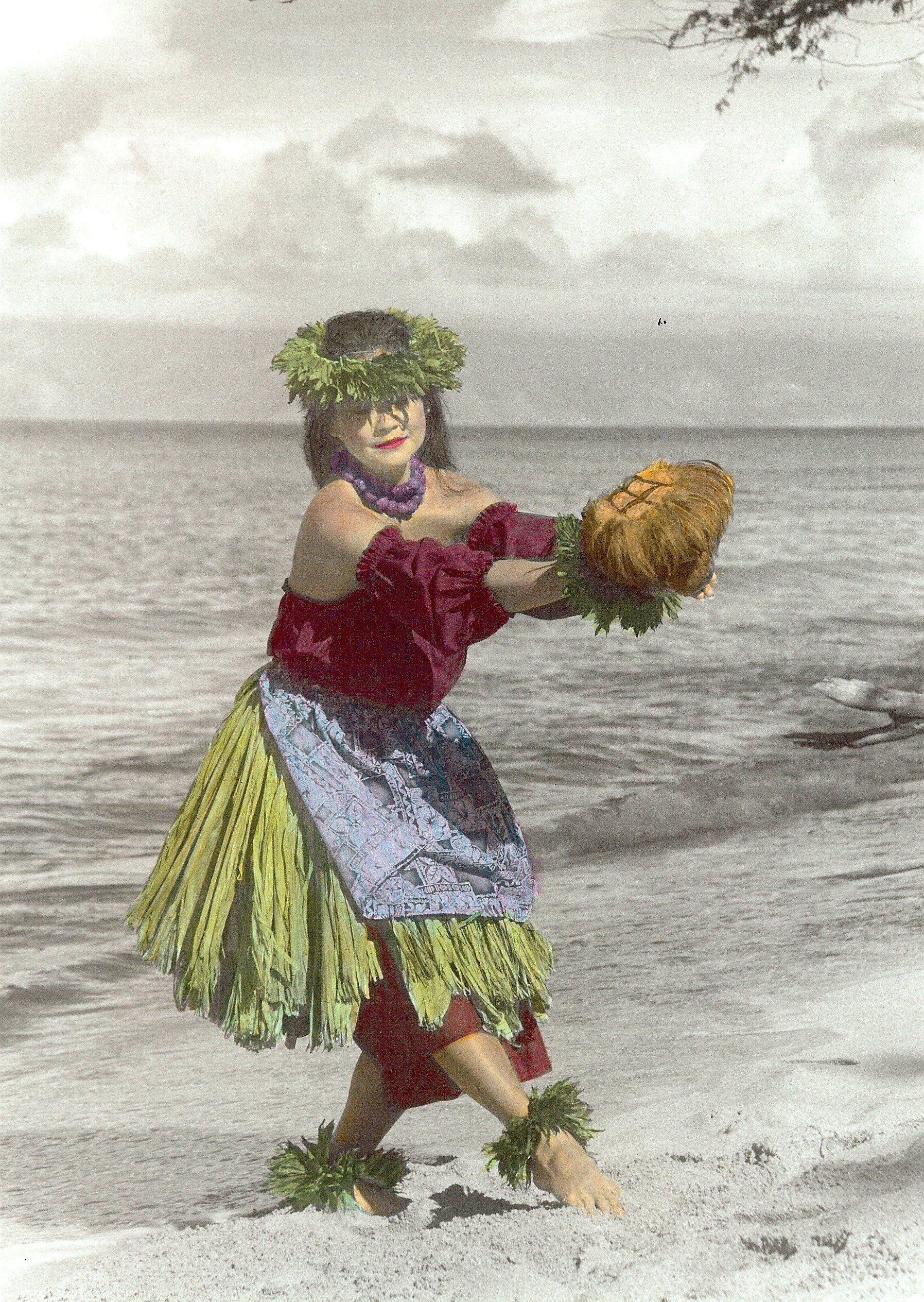 Hand-Painted-"Maui Morning Dance" Hula. Dancer. Woman. Beach. Clouds. Maui, Hawaii.  Oils