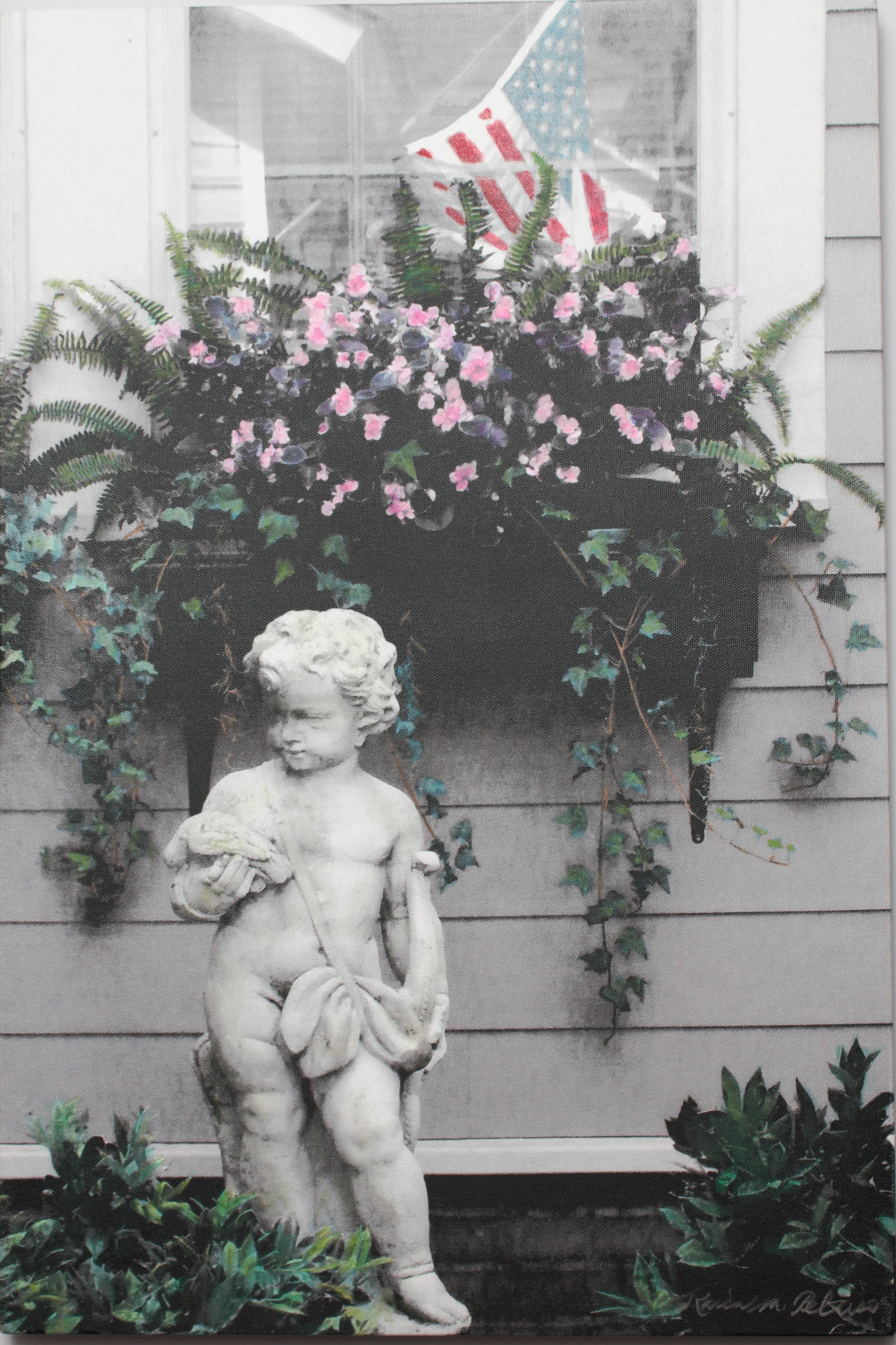 Hand-Painted- "Garden Cherub" Beaufort SC. Boy. Flag. Reflection. Window. Shrubs. Vines. Acrylics