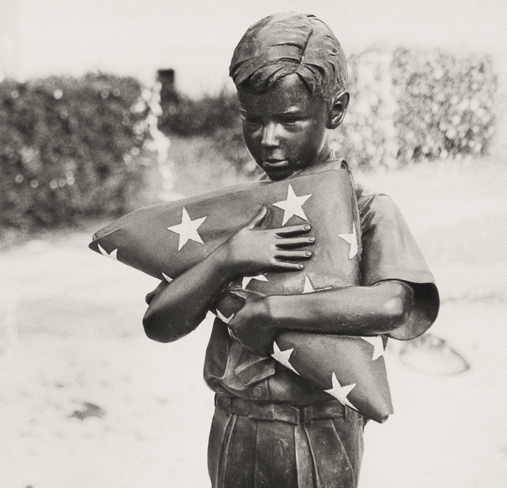 Classic B&W: "The Parting" Statuary. Sepia. Boy. Flag. Folded. Stars. Cornell Art Museum. Delray Beach, FL
