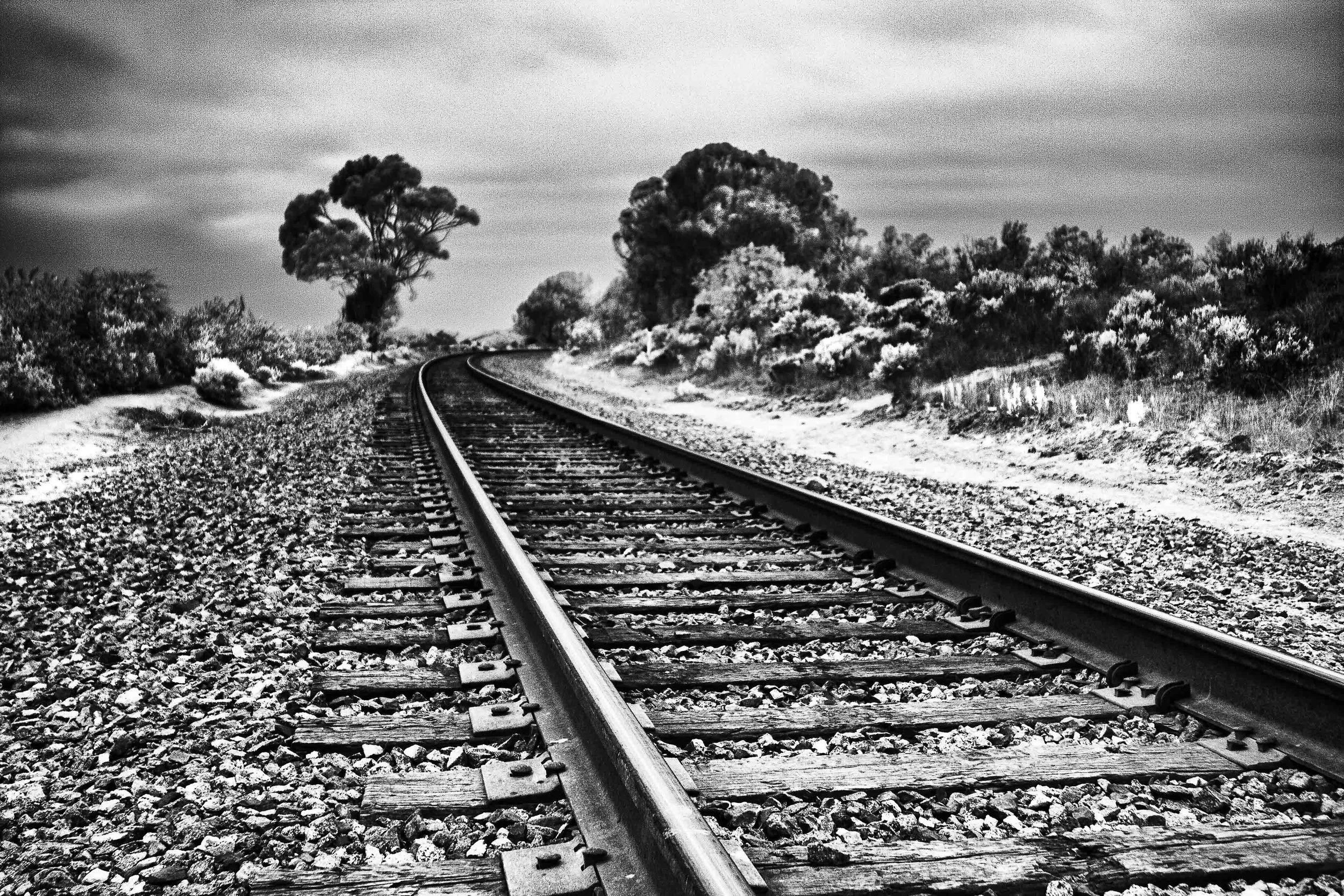 Infrared- "Coast Line, Carpinteria CA" Railroad. Tracks. Trees. Clouds. Rocks. Perspective.