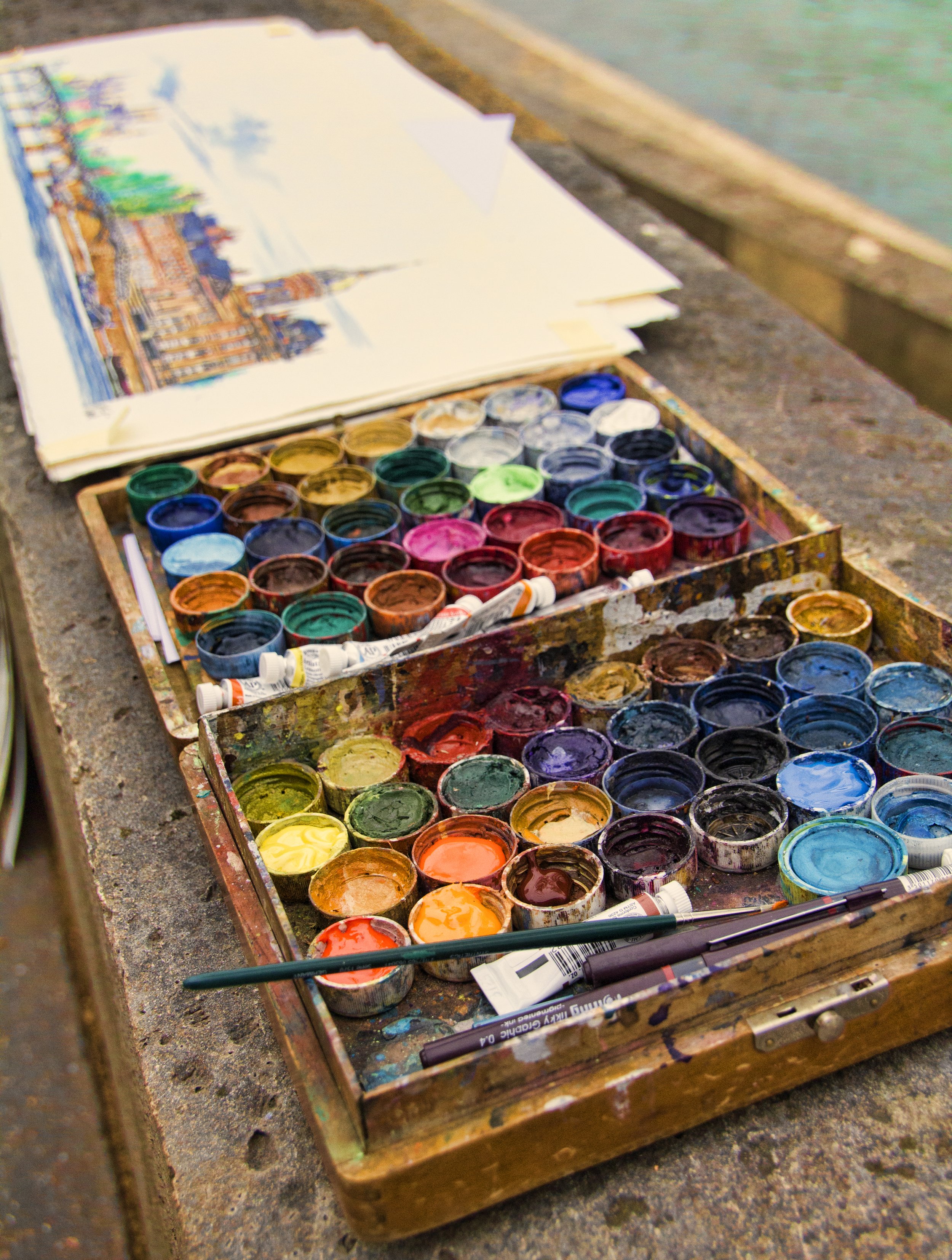 Simply Color- "Paints Beside the Seine" Pots. Brushes. Paper. River. Paris, France