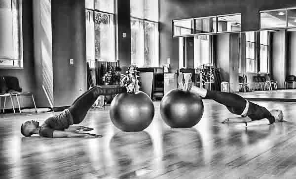Classic B&W: "Personal Trainers at LifeFit" Women. Physioballs. Wood. Floor. Mirrors. Beaufort Memorial Hospital, Beaufort, SC