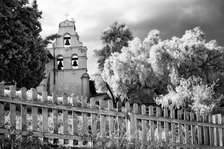 Infrared- "Behold the Bell Tower" Church. Trees. Pickets. Fence. Mission San Juan Bautista, CA