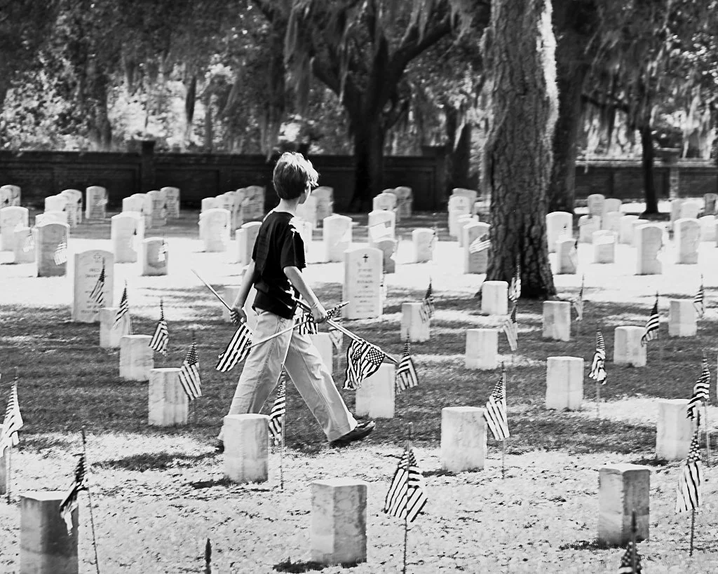 Classic B&W: "Placing the Flags" Boy. American Flags. Gravestones. Beaufort National Cemetery, SC