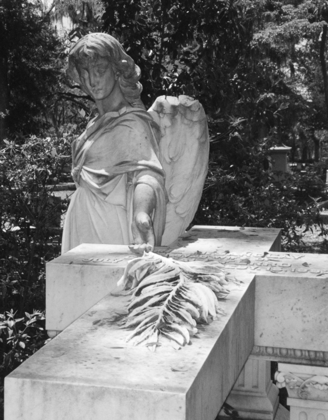 Classic B&W: "Bonaventure Cemetery Angel" Statue. Concrete. Cross. Leaf. Savannah, GA.