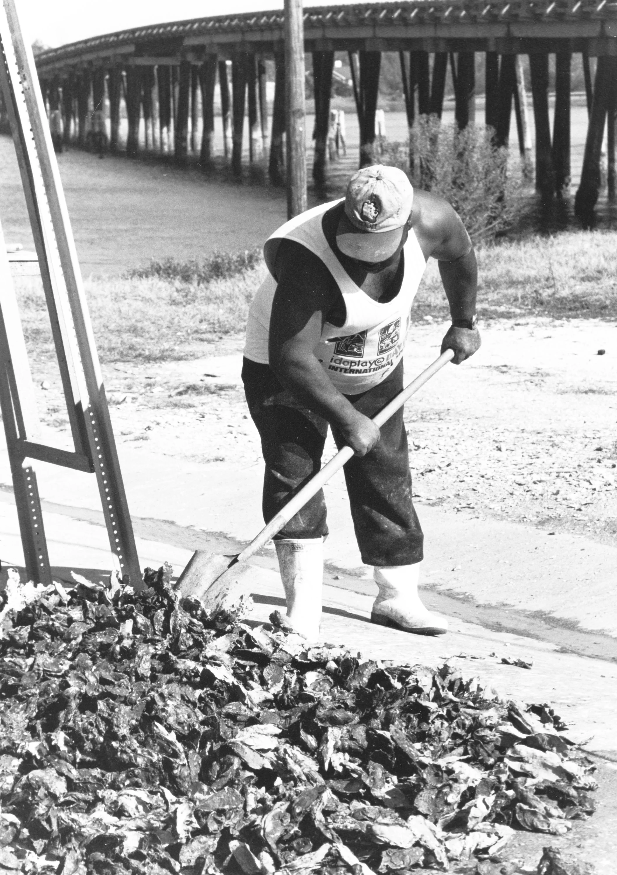 Classic B&W: "Oysterman, Lemon Island" Man. Shovel. Oysters. Boots. Hat. Chechessie Bridge. Beaufort County, SC