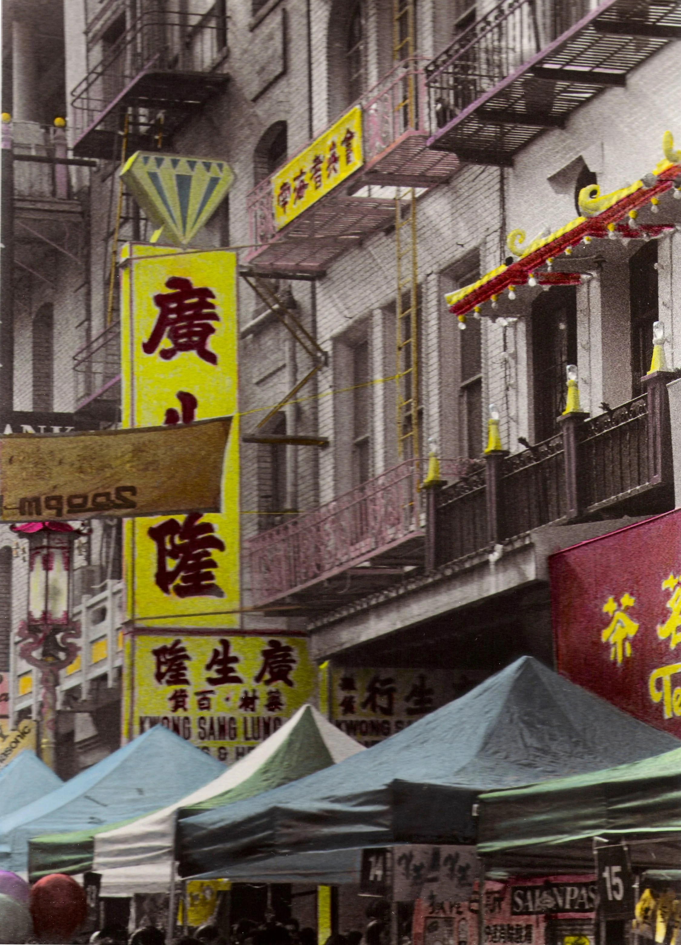 Hand-Painted- "Chinatown, San Francisco" Buildings. Tents. Signs. CA. Oils